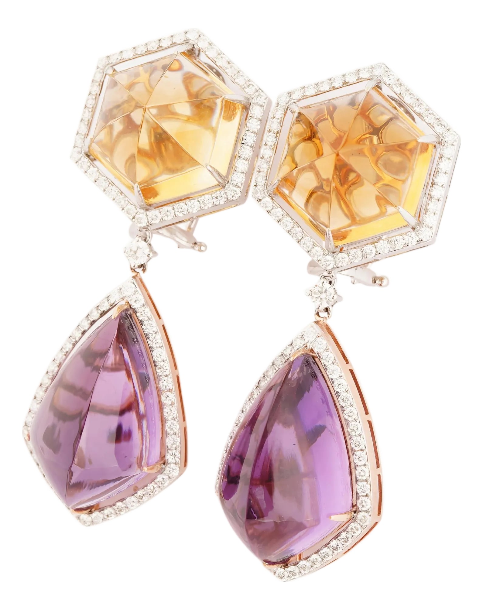 Natural diamond 2.14cts &crystal 35.33cts&amethyst42.04cts earring in 18k gold: GW=33.174gm NW=33.74gm crystal=35.33cts amethyst=42.04cts diamond =2.14cts THIS IS A BRAND NEW PIECE Condition: Imperfections: No Imperfections Condition Notes: New Origin: India Materials &