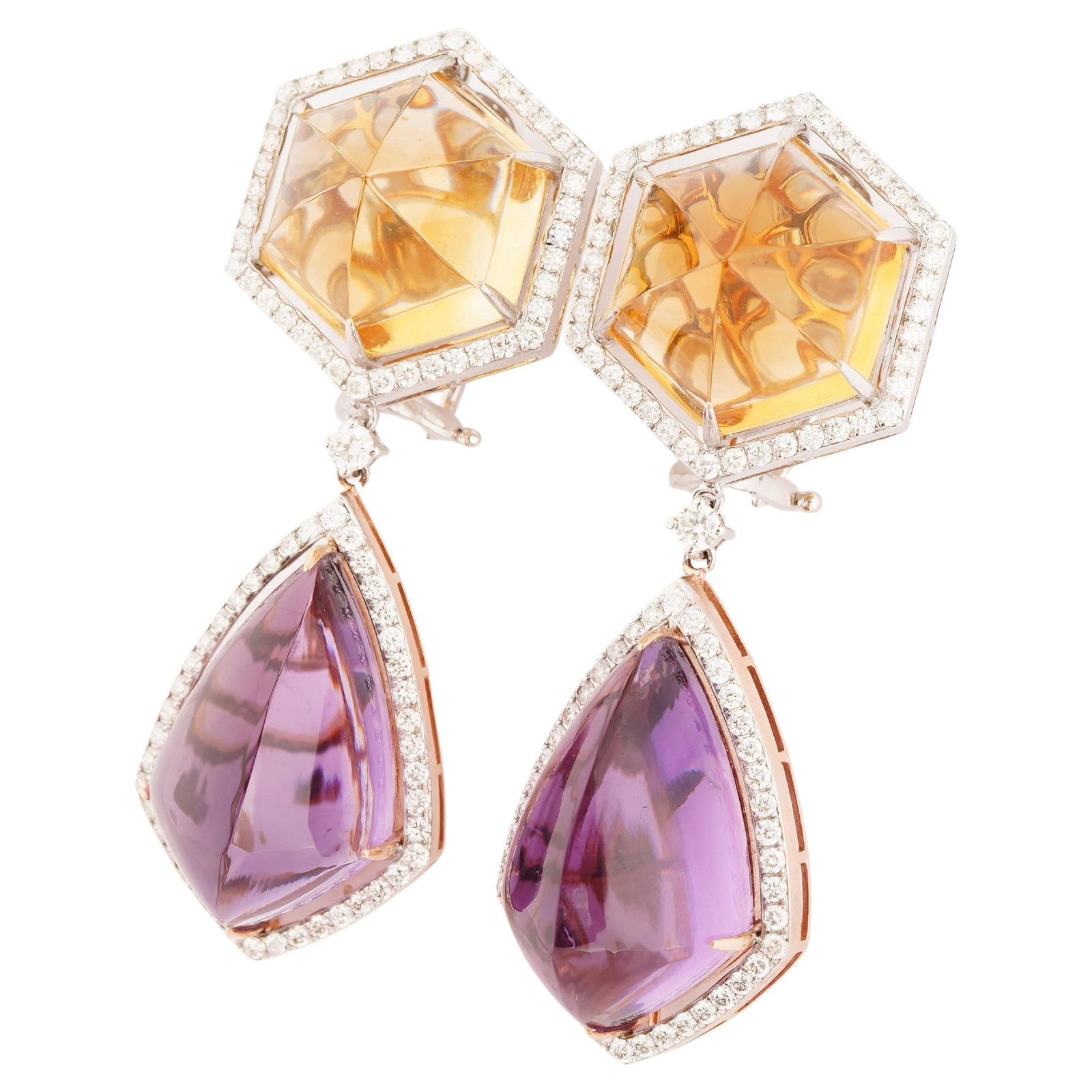 Natural diamond 2.14cts &crystal 35.33cts&amethyst42.04cts earring in 18k gold - 2
