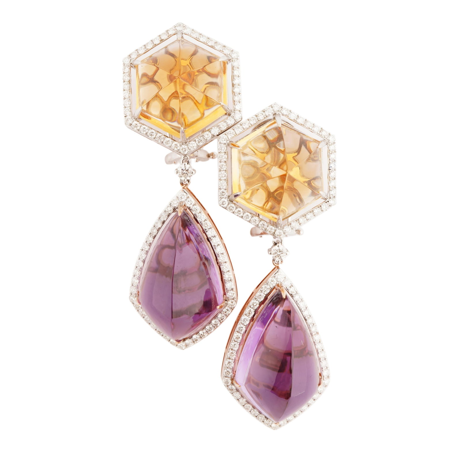 Natural diamond 2.14cts &crystal 35.33cts&amethyst42.04cts earring in 18k gold - 3