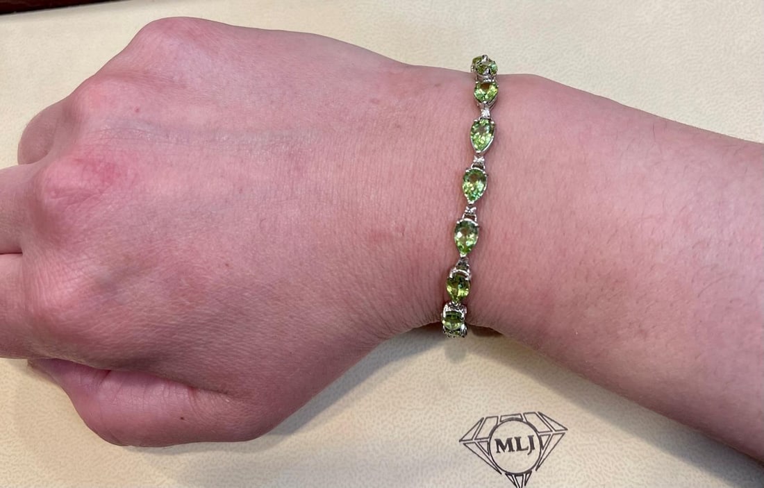 15 Carat Genuine Natural Peridot & Diamond Tennis Bracelet 14 Karat White Gold - 12