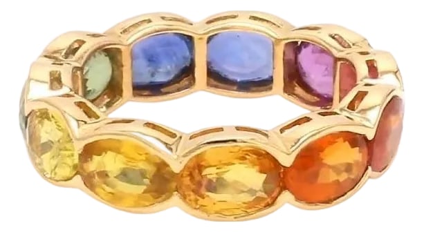 Natural rainbow sapphire band ring in 18k gold: Rainbow sapphire bezel set oval eternity band ring gold Natural 4MM wide 7CTW rainbow sapphire oval eternity band ring Rainbow ring gold GEMSTONE DETAILS : âœ¦ Gemstone : Rainbow