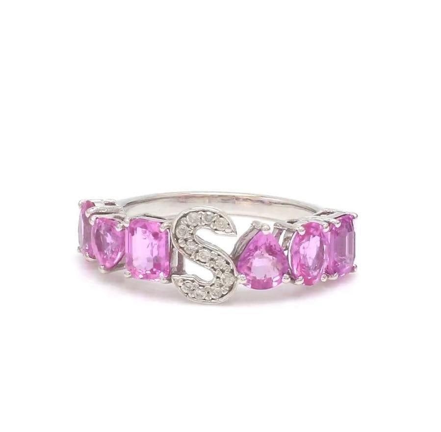 Natural 2.66 cts pink sapphire & 0.06 cts diamond S alphabet ring in 18k gold - 10