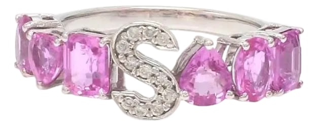 Natural 2.66 cts pink sapphire & 0.06 cts diamond S alphabet ring in 18k gold: Pink sapphire name letter ring gold Natural pink sapphire letter S alphabet ring gold S letter mix shape sapphire diamond ring gold STONE DETAILS : âœ¦ Gemstone: Pink Sapphire