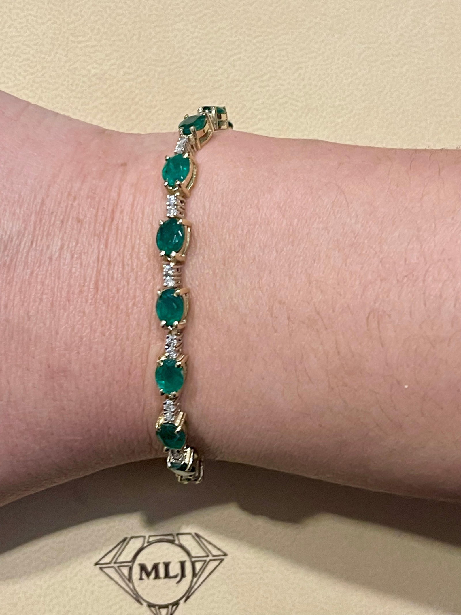 8 Ct Natural Brazilian Emerald and Diamond Tennis Bracelet 14 Karat Yellow Gold - 11