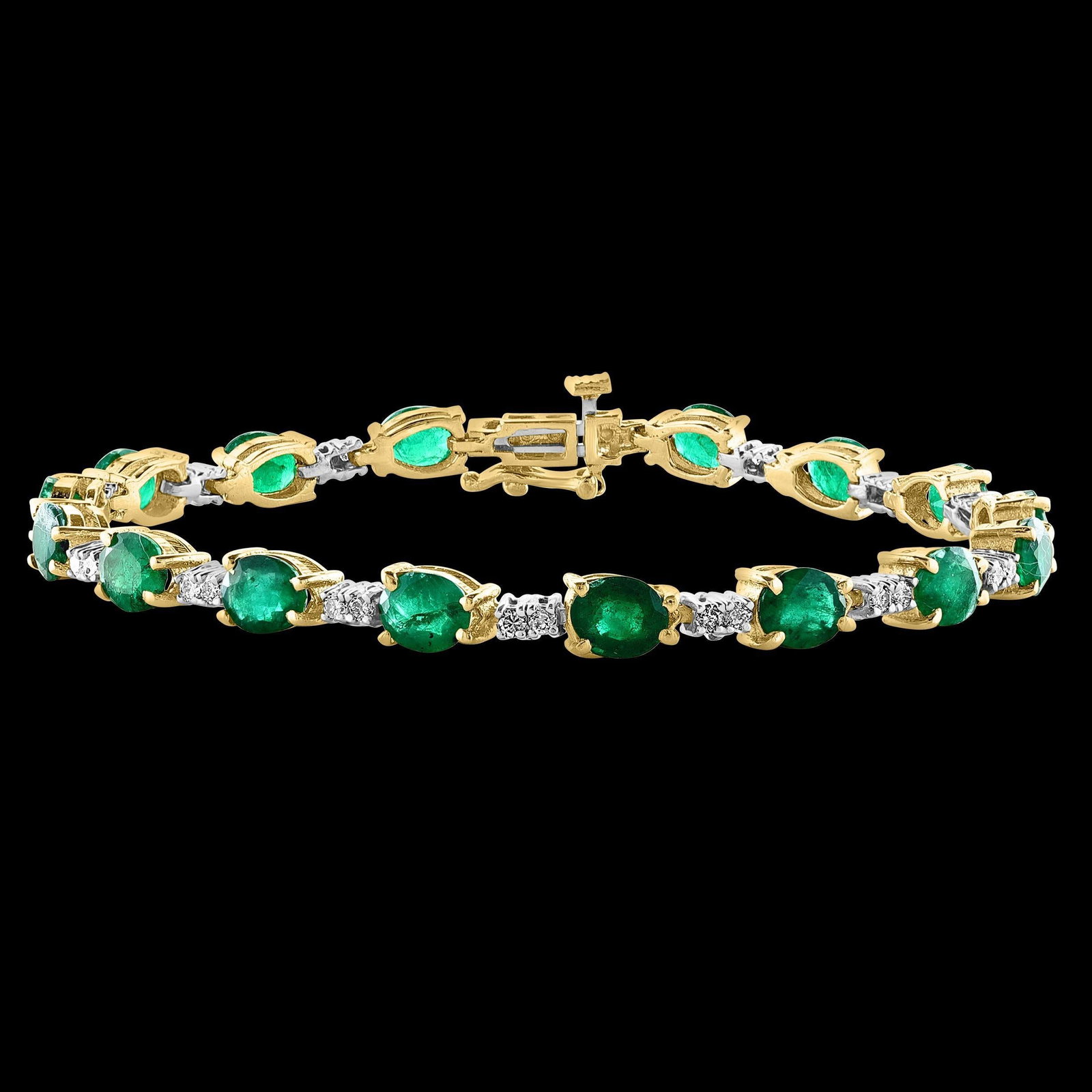 8 Ct Natural Brazilian Emerald and Diamond Tennis Bracelet 14 Karat Yellow Gold - 17