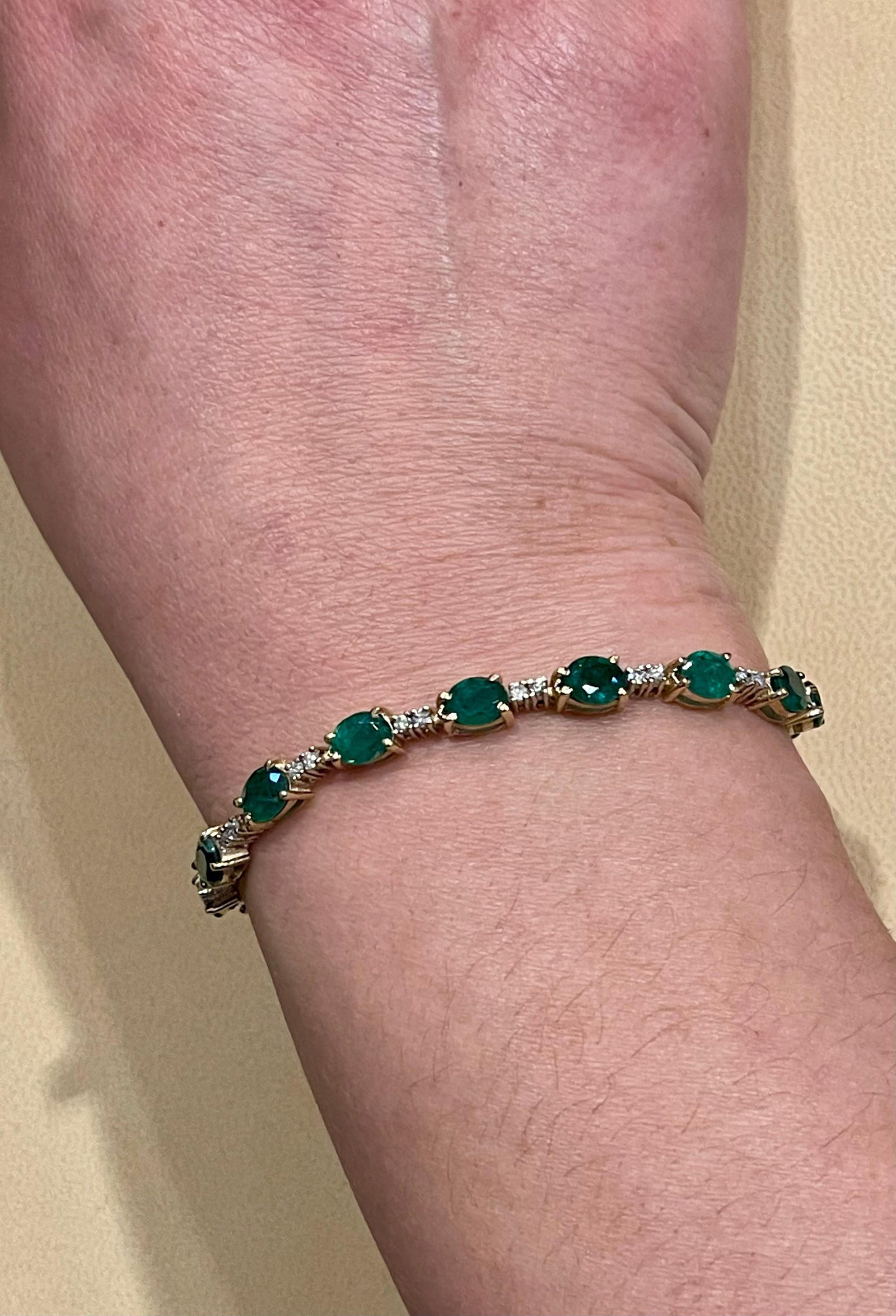 8 Ct Natural Brazilian Emerald and Diamond Tennis Bracelet 14 Karat Yellow Gold - 18