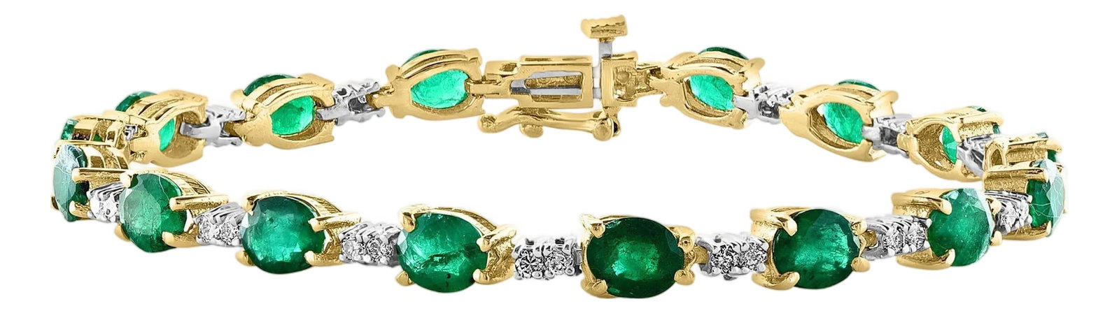 8 Ct Natural Brazilian Emerald and Diamond Tennis Bracelet 14 Karat Yellow Gold: This exceptionally affordable Tennis bracelet has 16 stones of oval Emeralds . Each Emerald is spaced by two diamonds . Total weight of the Emeralds is approximately 8 carat. Total number of diamonds