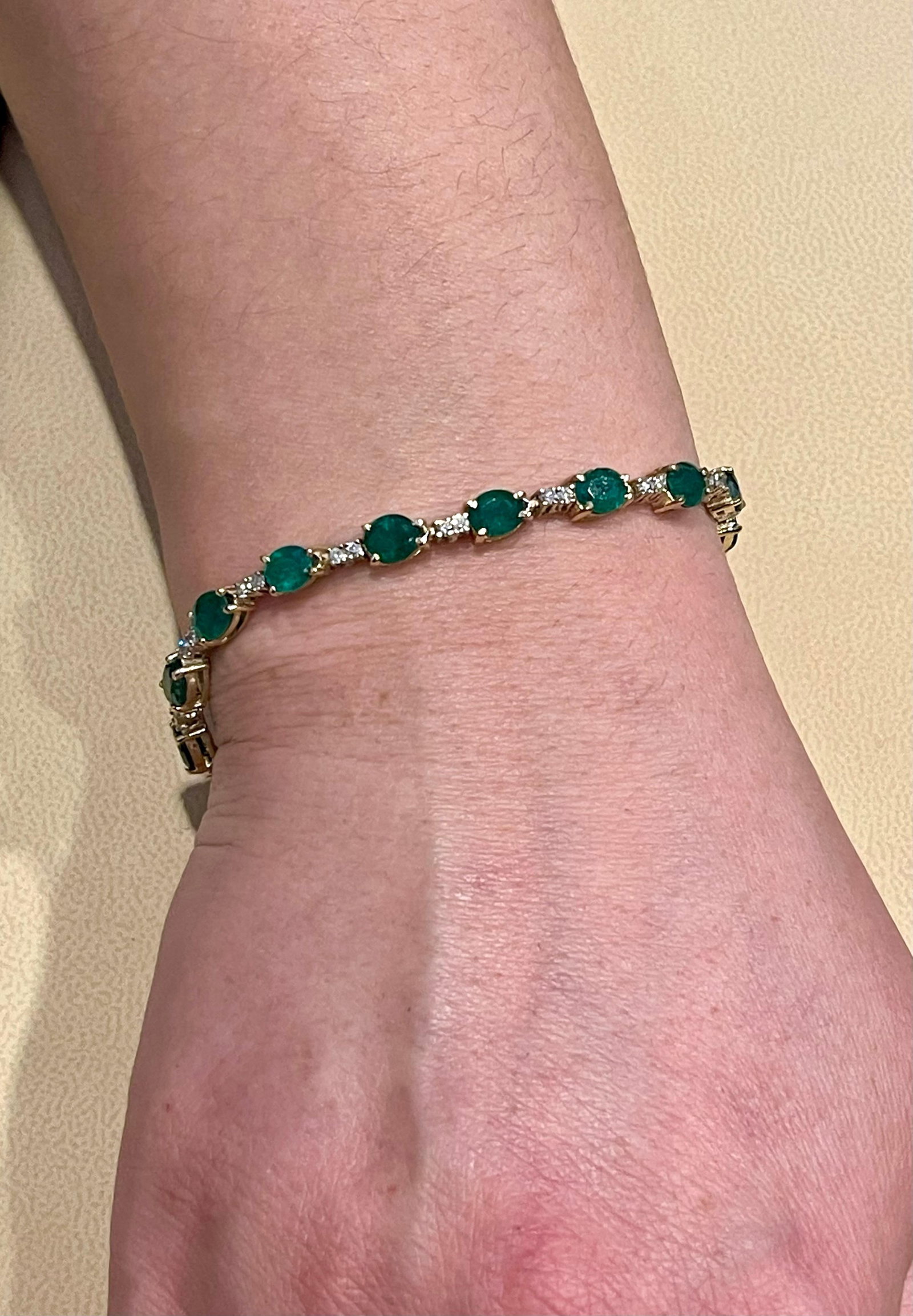 8 Ct Natural Brazilian Emerald and Diamond Tennis Bracelet 14 Karat Yellow Gold - 4