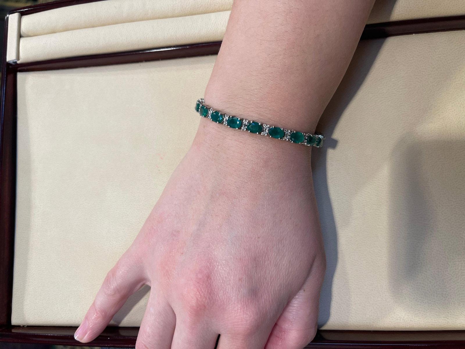 8 Ct Natural Brazilian Emerald and Diamond Tennis Bracelet 14 Karat Yellow Gold - 6