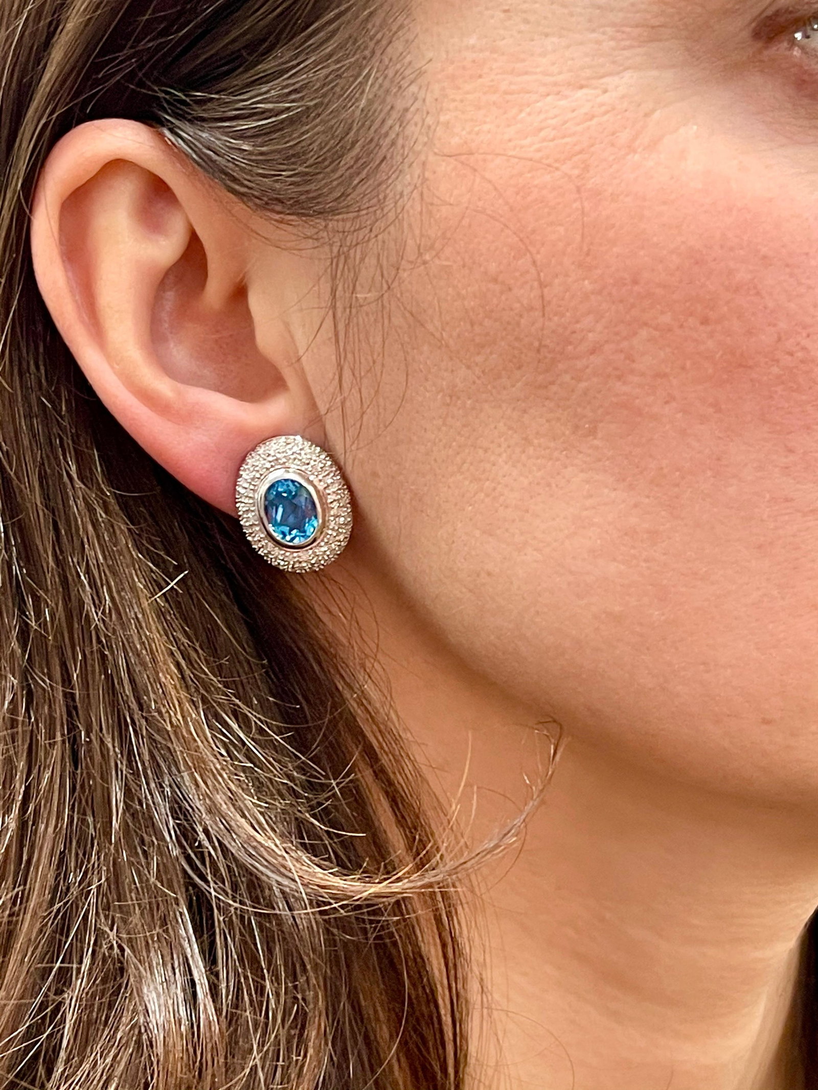 5 Carat Oval Shape Blue Topaz and Diamond Omega Back Clip Earring 14 Karat Gold - 12