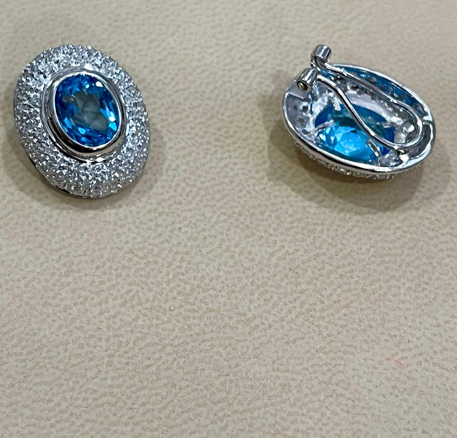 5 Carat Oval Shape Blue Topaz and Diamond Omega Back Clip Earring 14 Karat Gold - 17