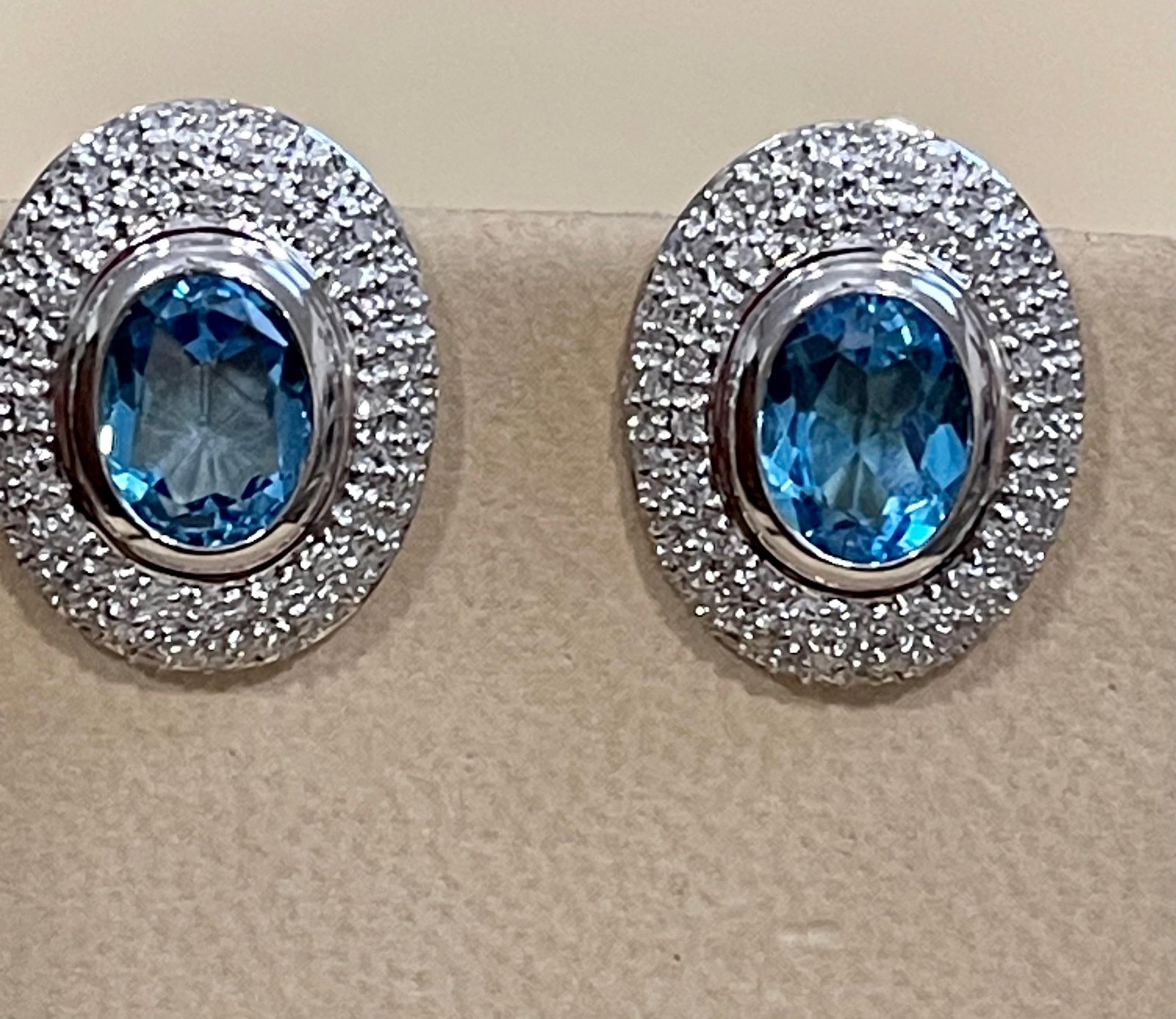 5 Carat Oval Shape Blue Topaz and Diamond Omega Back Clip Earring 14 Karat Gold - 5
