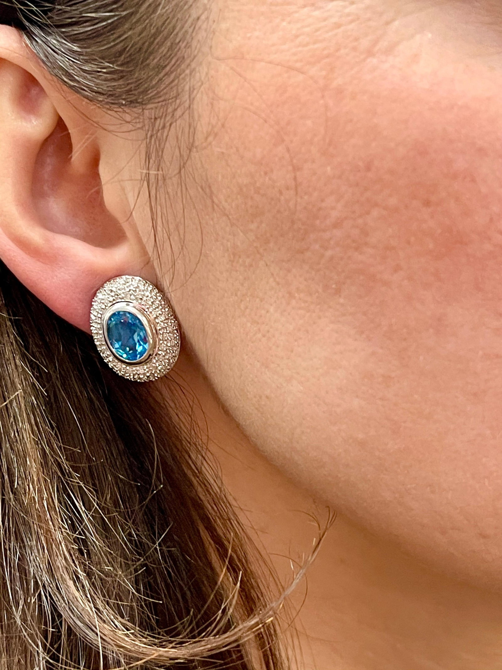 5 Carat Oval Shape Blue Topaz and Diamond Omega Back Clip Earring 14 Karat Gold - 8