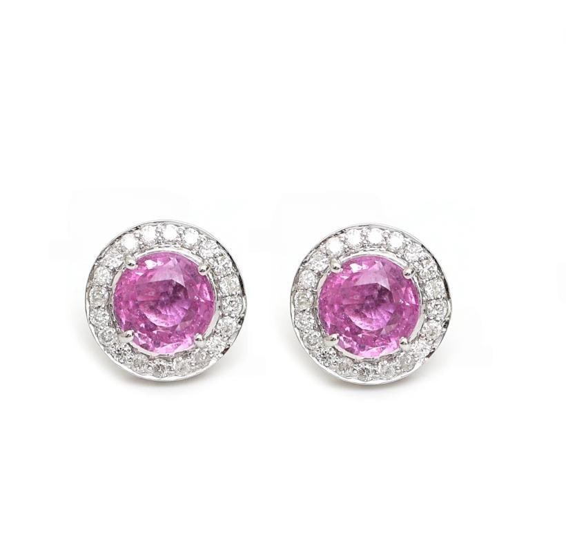 2.35 cts Natural pink sapphire & 0.34 cts diamond earrings in 18k gold - 14