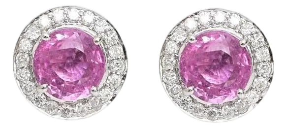 2.35 cts Natural pink sapphire & 0.34 cts diamond earrings in 18k gold: Pink sapphire diamond round cut earring studs gold Natural pink sapphire halo diamond stud tops earrings gold Pink sapphire stud gold GEMSTONE DETAILS : âœ¦ Gemstone : Pink Sapphire