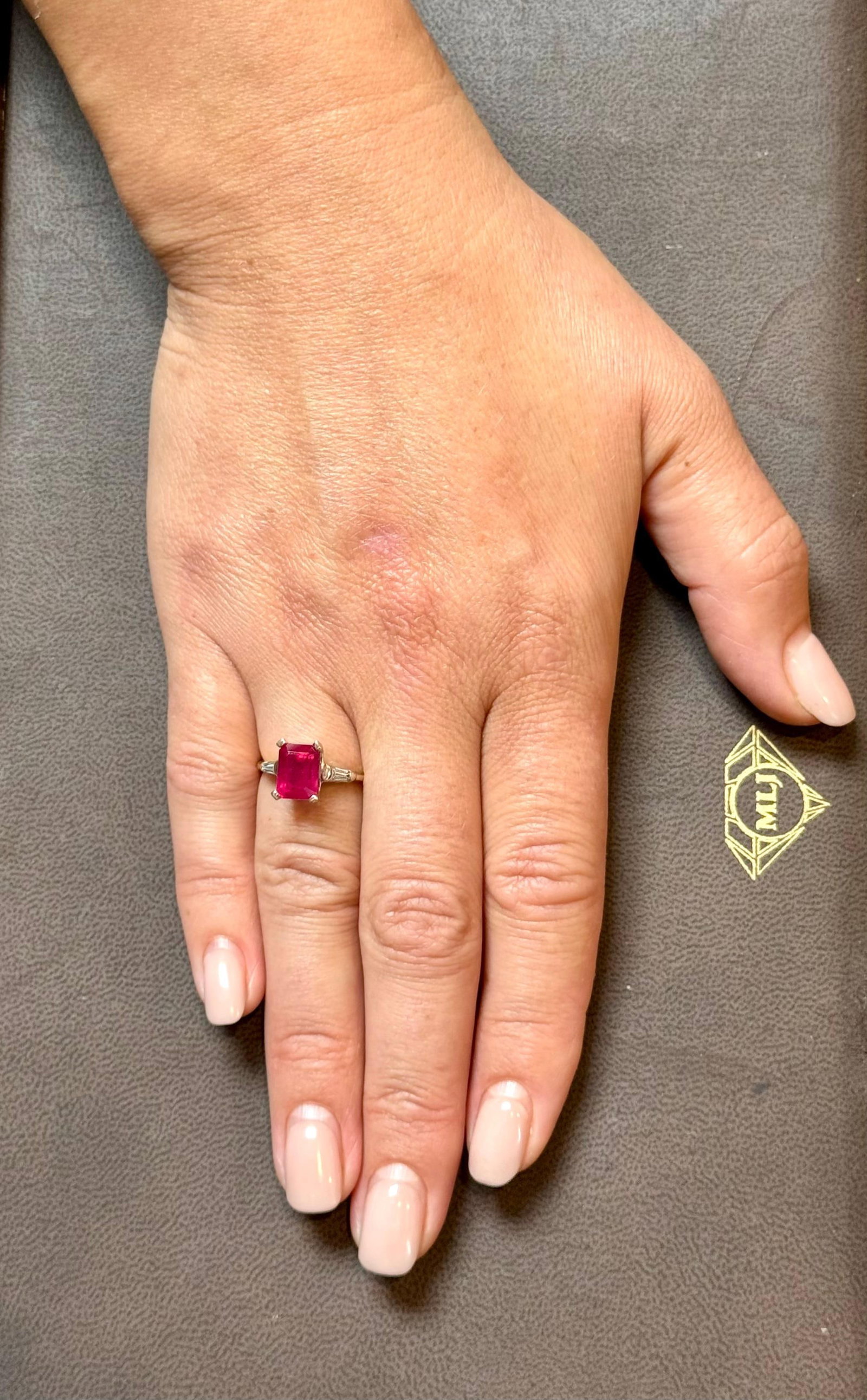 2.5 Ct Emerald Cut Treated Ruby & 0.15 ct Diamond Ring 14 Kt White Gold Size 5 - 10