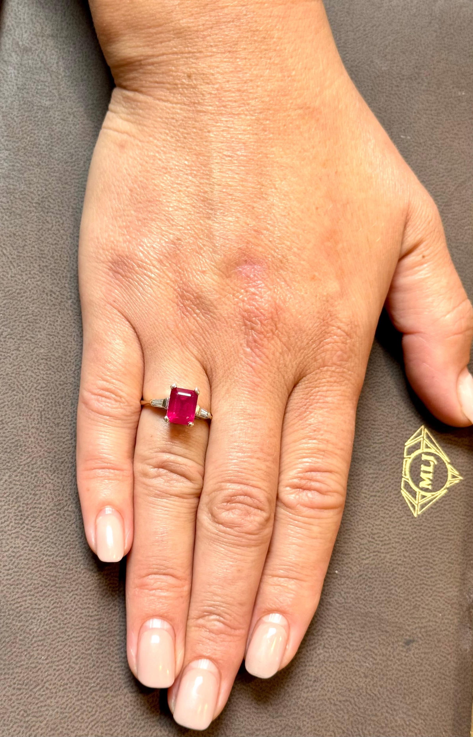2.5 Ct Emerald Cut Treated Ruby & 0.15 ct Diamond Ring 14 Kt White Gold Size 5 - 13
