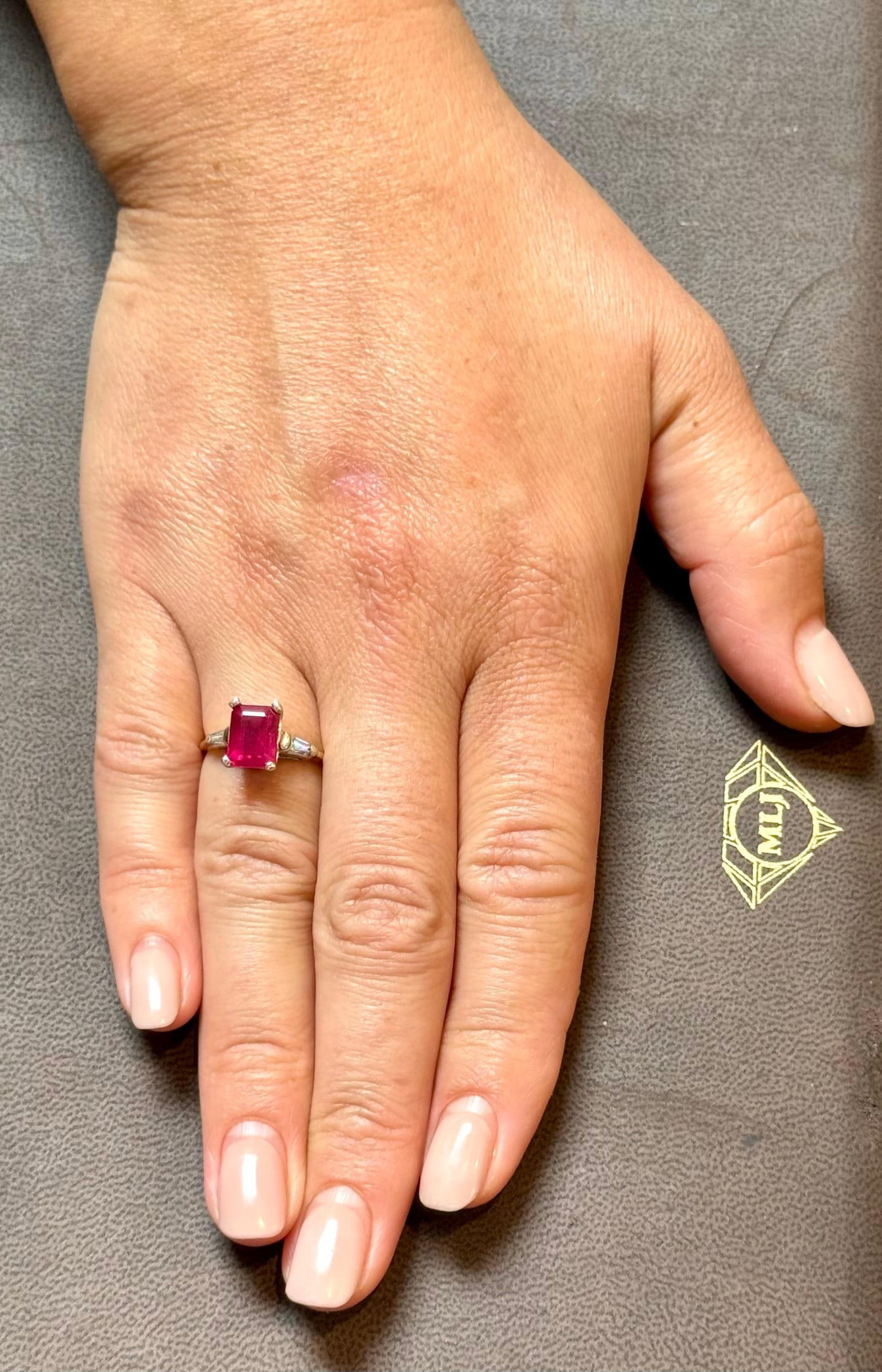 2.5 Ct Emerald Cut Treated Ruby & 0.15 ct Diamond Ring 14 Kt White Gold Size 5 - 14