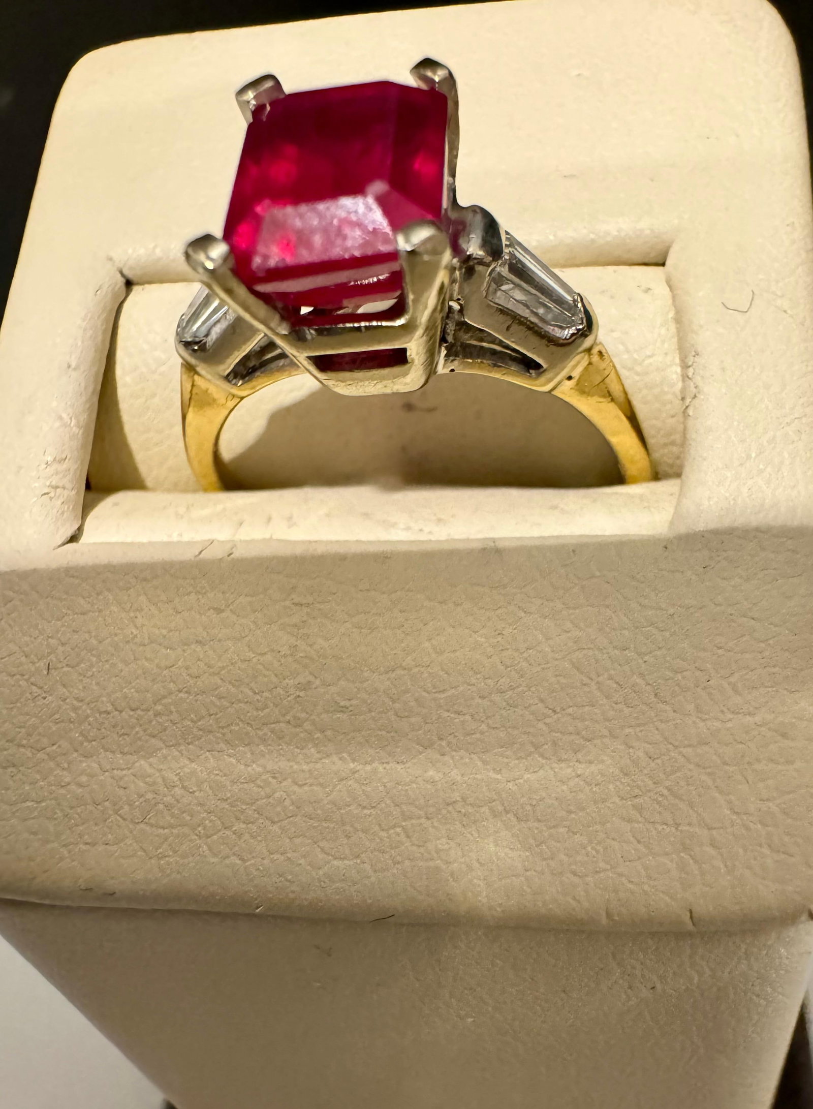 2.5 Ct Emerald Cut Treated Ruby & 0.15 ct Diamond Ring 14 Kt White Gold Size 5 - 17