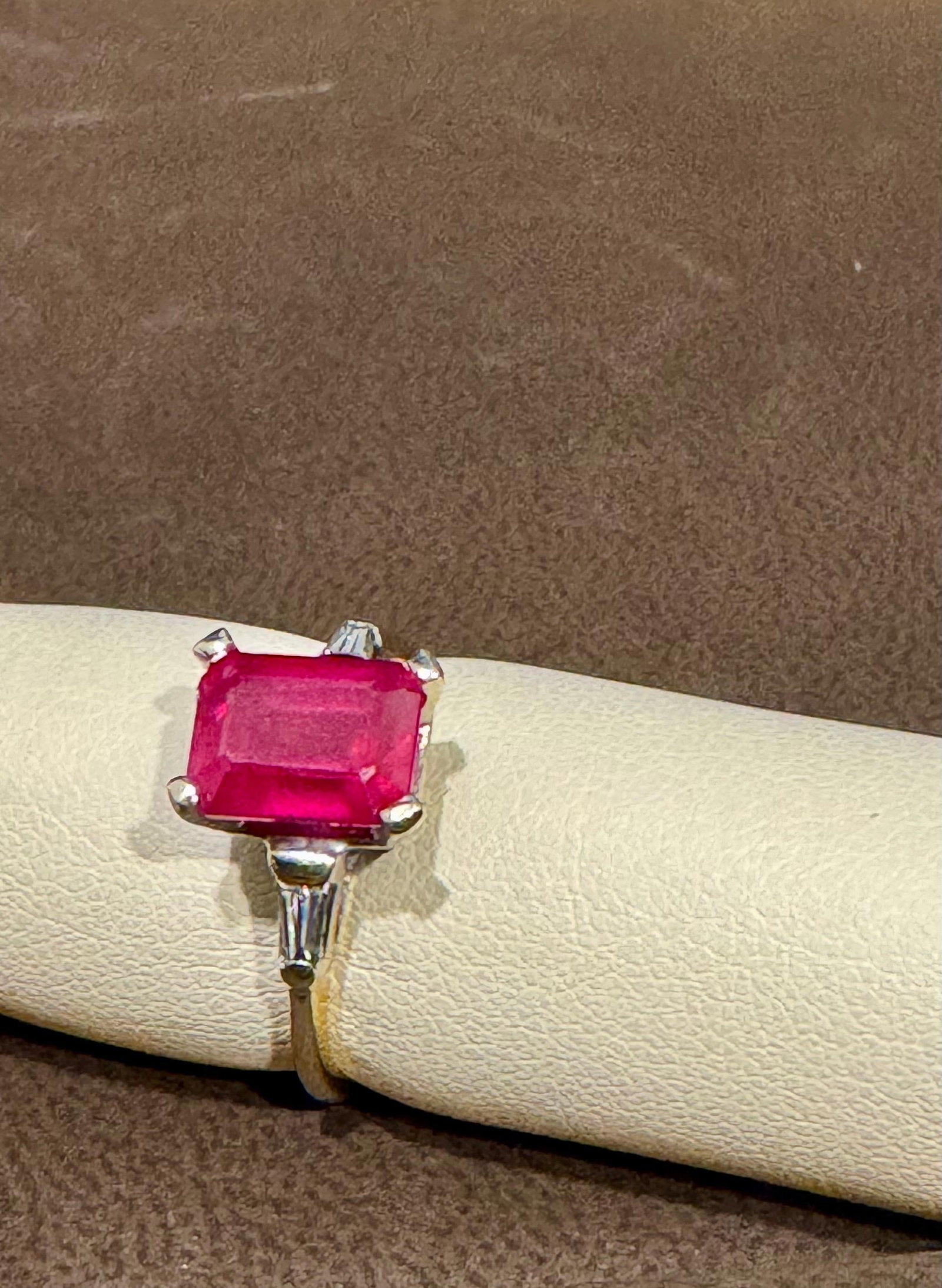 2.5 Ct Emerald Cut Treated Ruby & 0.15 ct Diamond Ring 14 Kt White Gold Size 5 - 18