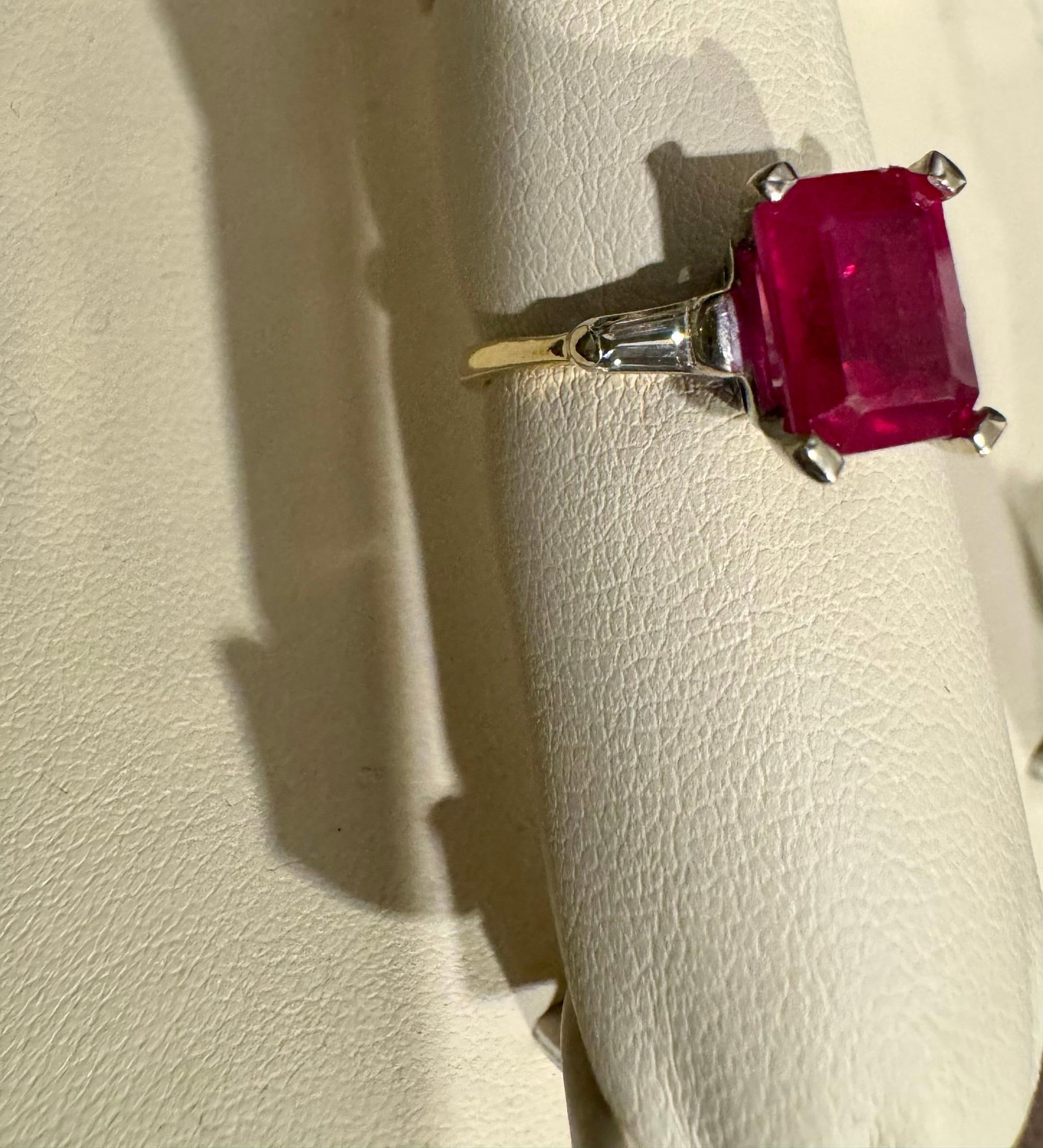 2.5 Ct Emerald Cut Treated Ruby & 0.15 ct Diamond Ring 14 Kt White Gold Size 5 - 3