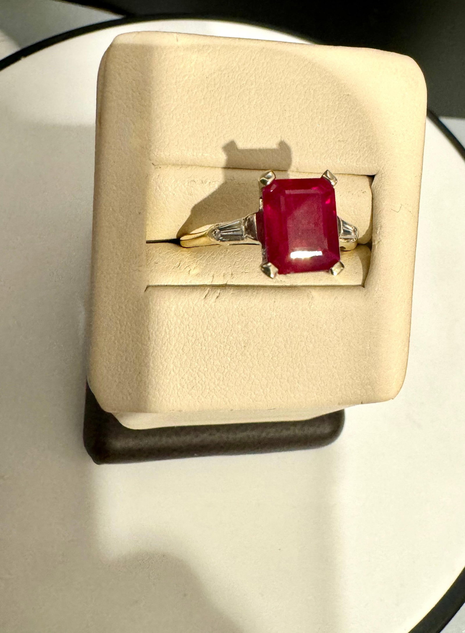 2.5 Ct Emerald Cut Treated Ruby & 0.15 ct Diamond Ring 14 Kt White Gold Size 5 - 4