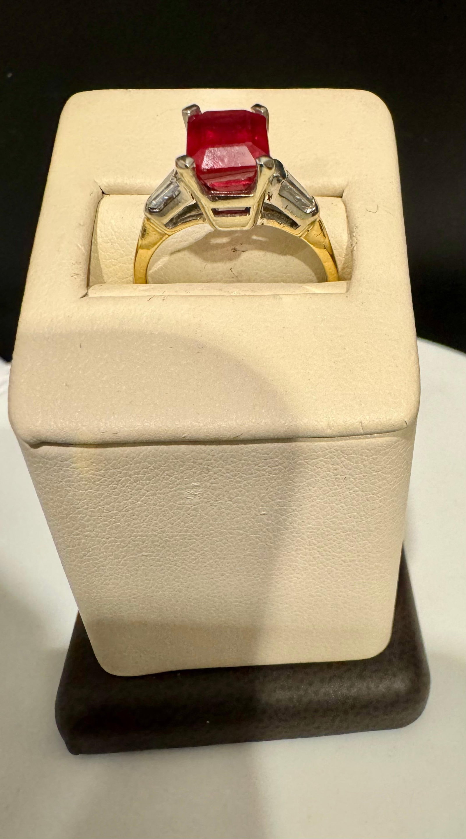 2.5 Ct Emerald Cut Treated Ruby & 0.15 ct Diamond Ring 14 Kt White Gold Size 5 - 5