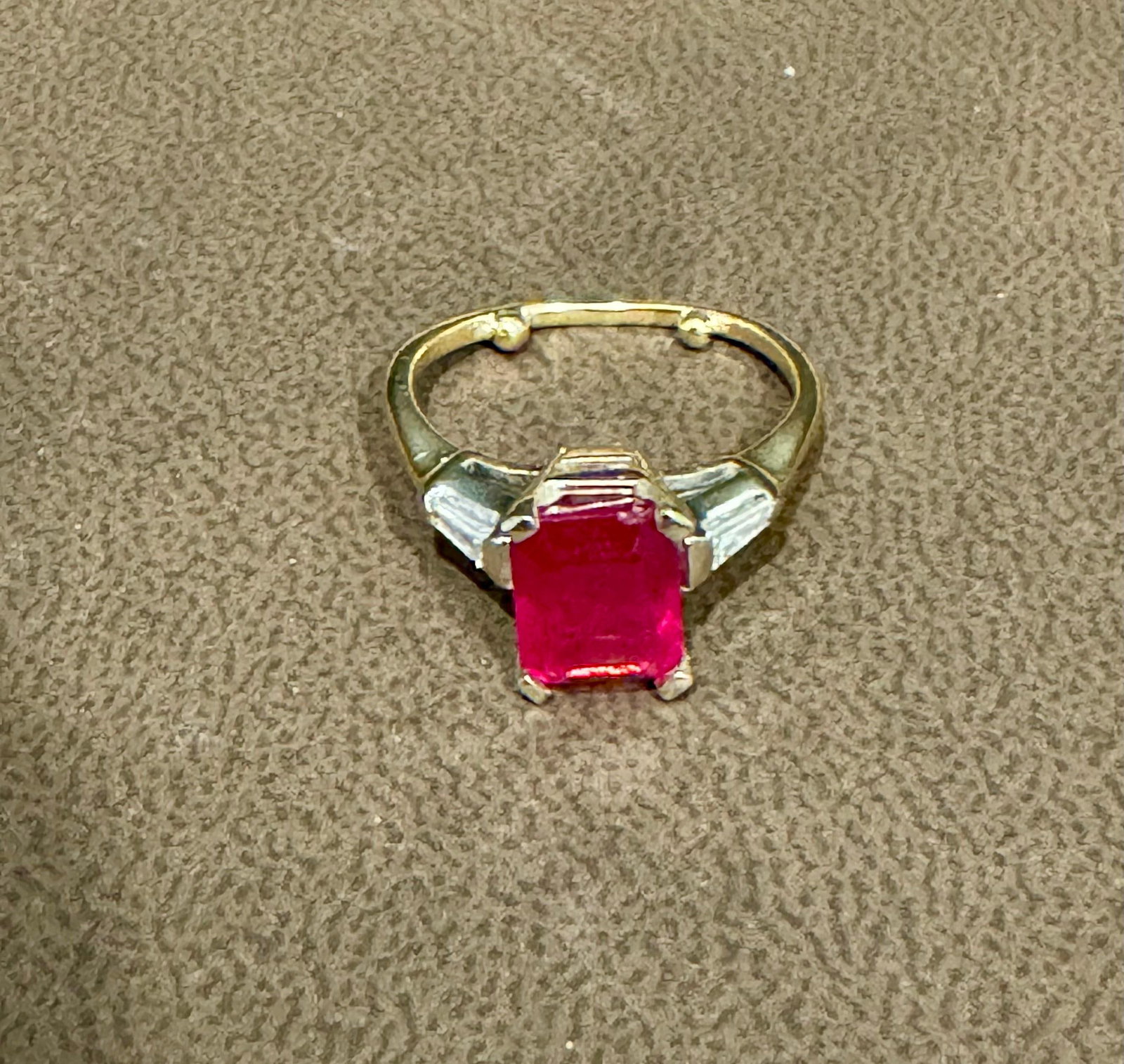 2.5 Ct Emerald Cut Treated Ruby & 0.15 ct Diamond Ring 14 Kt White Gold Size 5 - 6