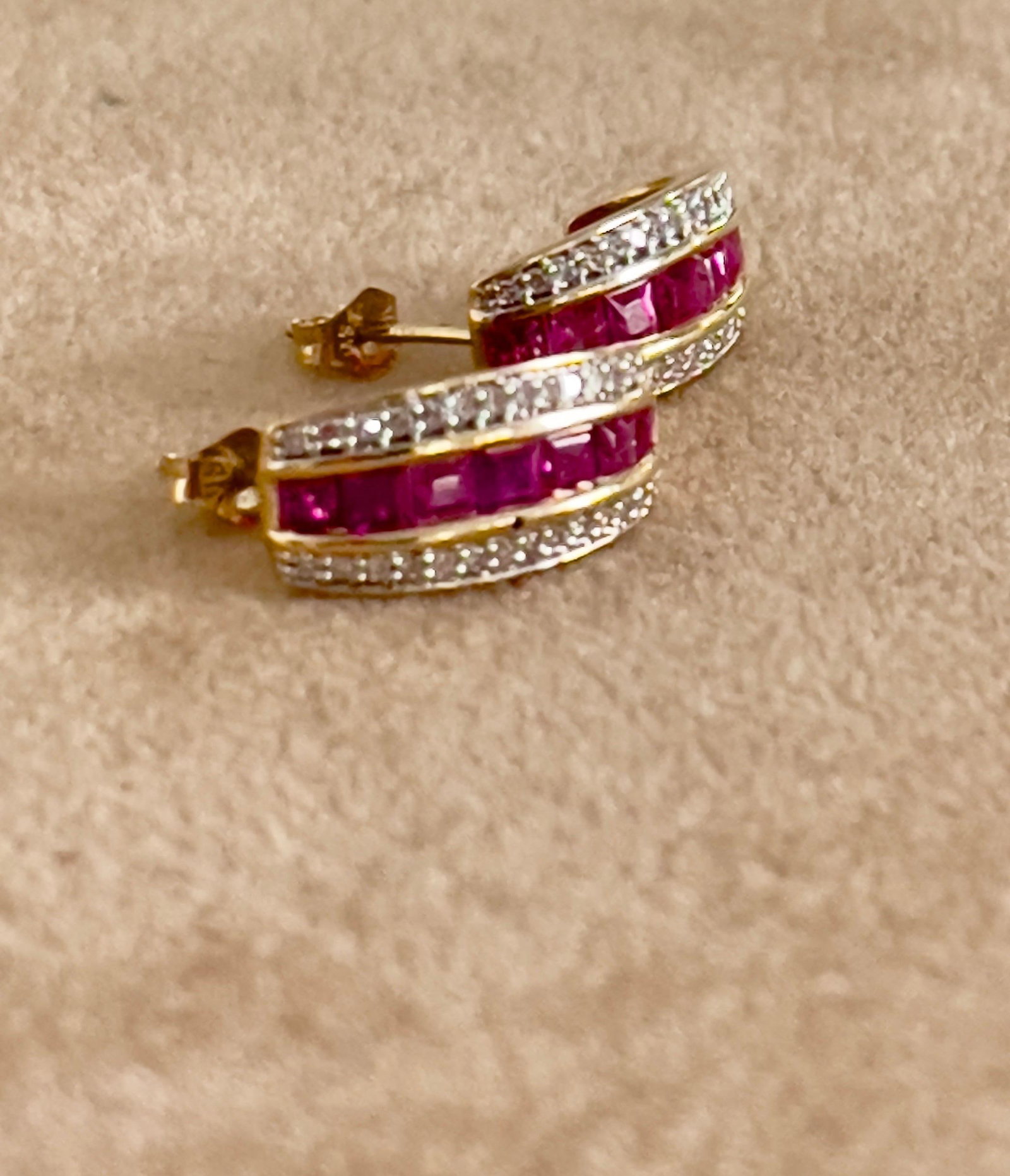 Princess Cut Natural Ruby and Diamond Stud Post Earrings 14 Karat Yellow Gold - 11