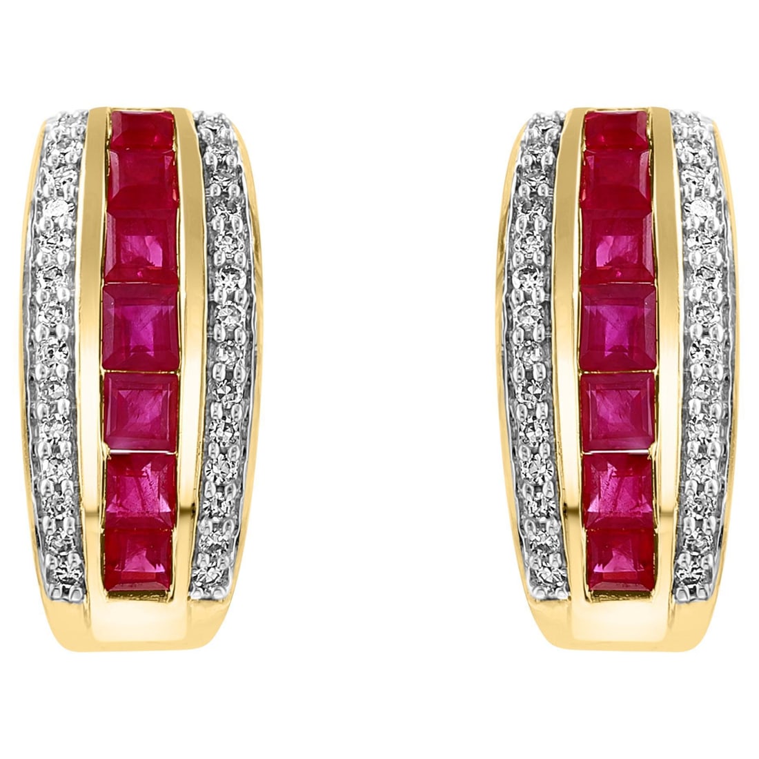 Princess Cut Natural Ruby and Diamond Stud Post Earrings 14 Karat Yellow Gold - 15