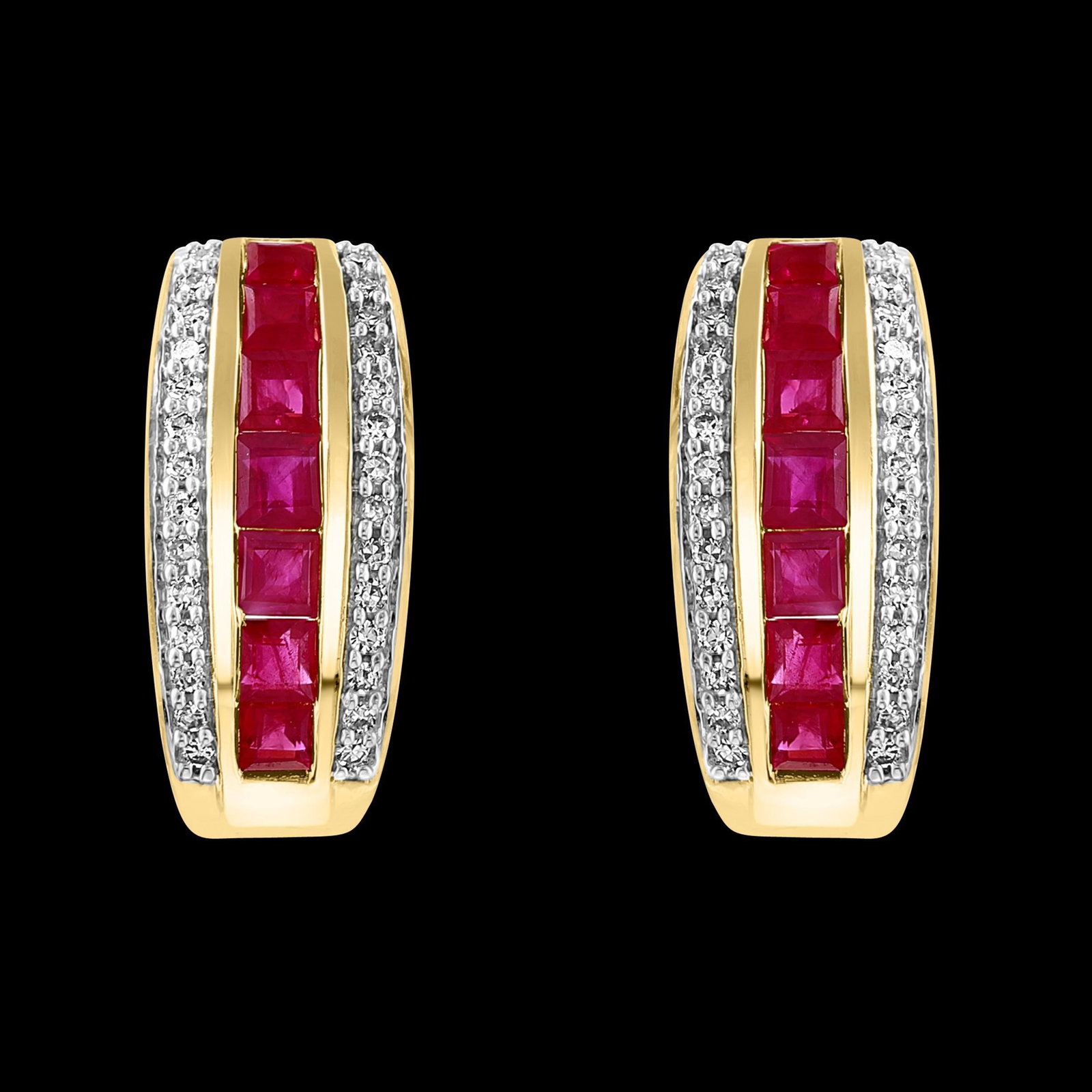 Princess Cut Natural Ruby and Diamond Stud Post Earrings 14 Karat Yellow Gold - 16