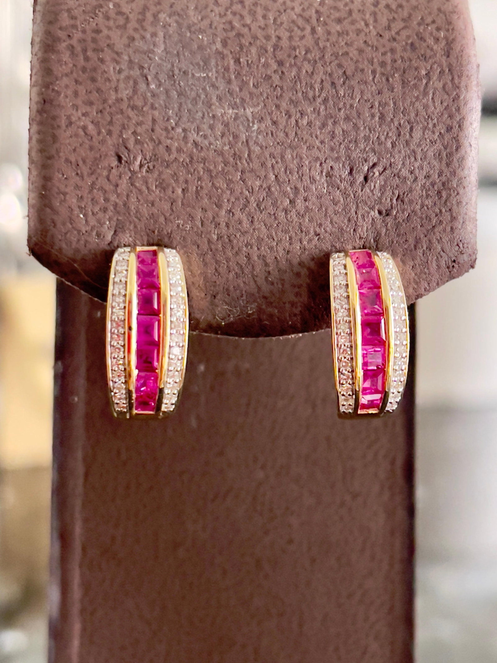 Princess Cut Natural Ruby and Diamond Stud Post Earrings 14 Karat Yellow Gold - 17