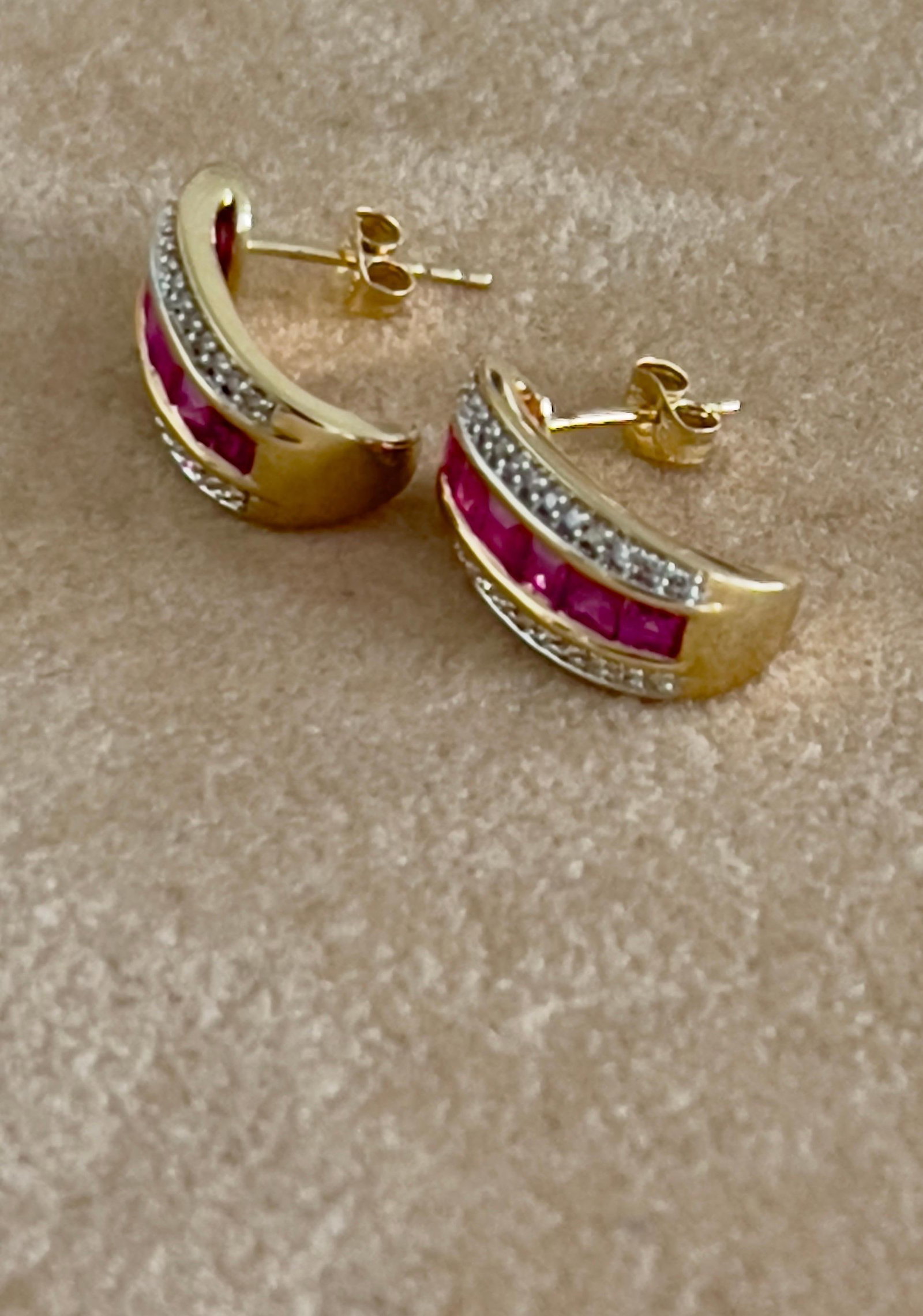 Princess Cut Natural Ruby and Diamond Stud Post Earrings 14 Karat Yellow Gold - 18