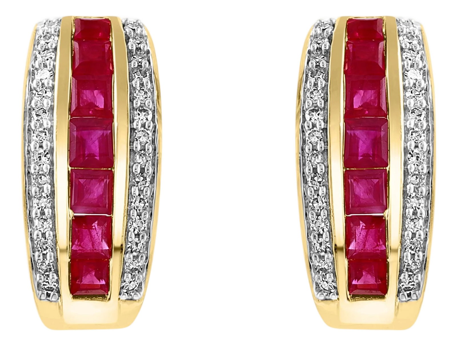 Princess Cut Natural Ruby and Diamond Stud Post Earrings 14 Karat Yellow Gold: Princess Cut Natural Ruby and Diamond Stud Post Earrings 14 Karat Yellow Gold This luxurious pair of ruby earrings is designed in 14K Yellow gold. The Princess cut , Invisibly set red Rubies are