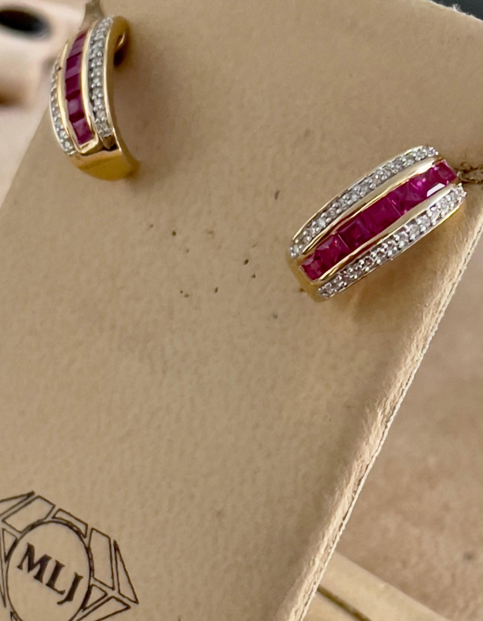 Princess Cut Natural Ruby and Diamond Stud Post Earrings 14 Karat Yellow Gold - 3