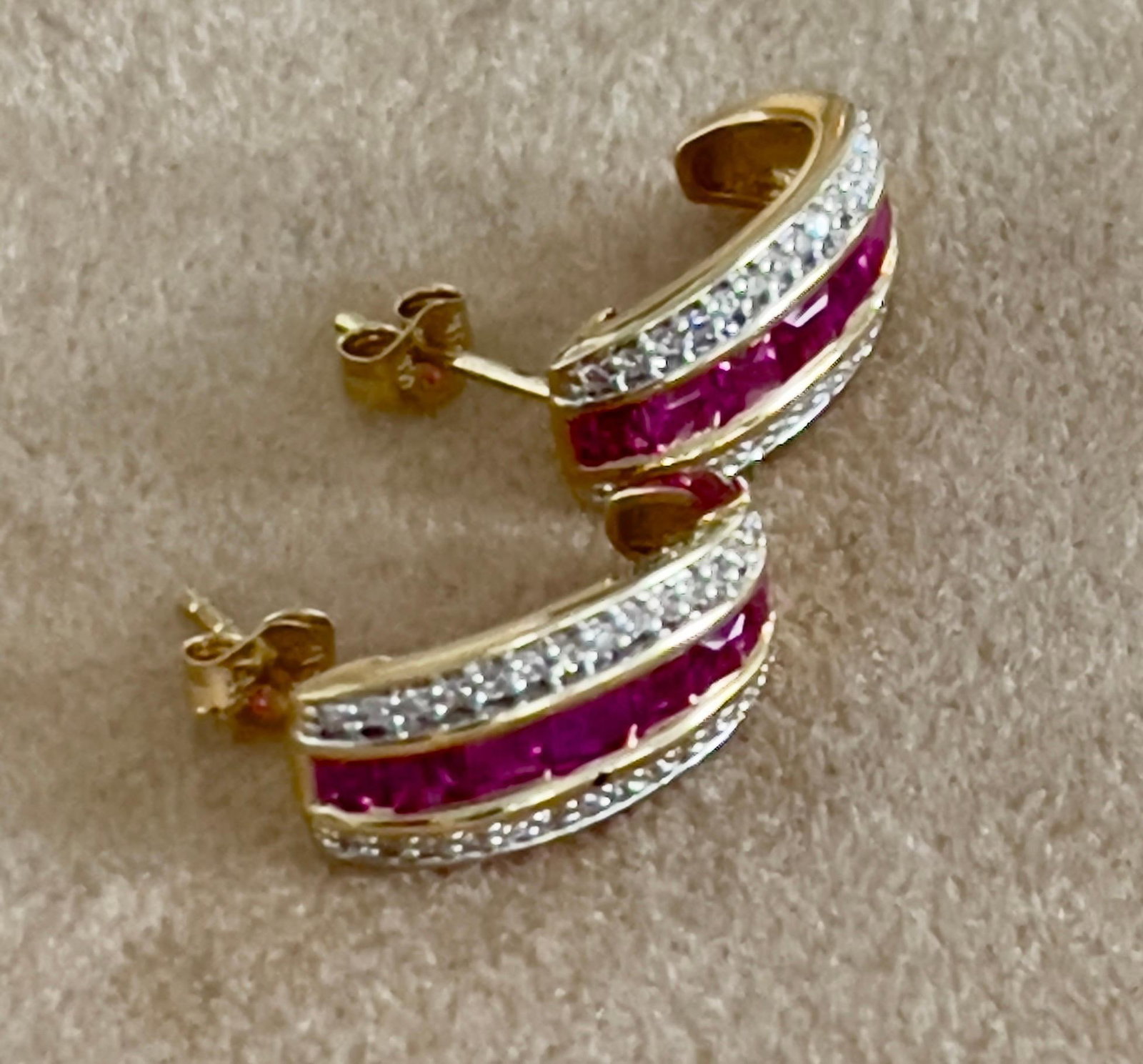 Princess Cut Natural Ruby and Diamond Stud Post Earrings 14 Karat Yellow Gold - 4