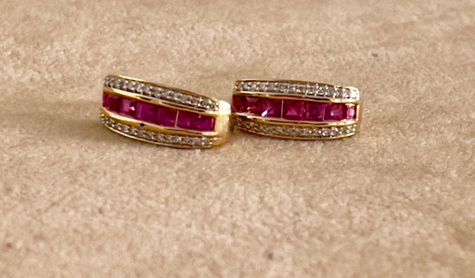 Princess Cut Natural Ruby and Diamond Stud Post Earrings 14 Karat Yellow Gold - 5