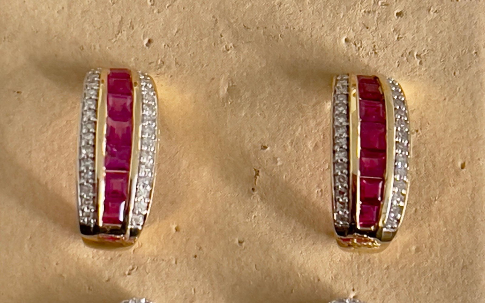 Princess Cut Natural Ruby and Diamond Stud Post Earrings 14 Karat Yellow Gold - 9