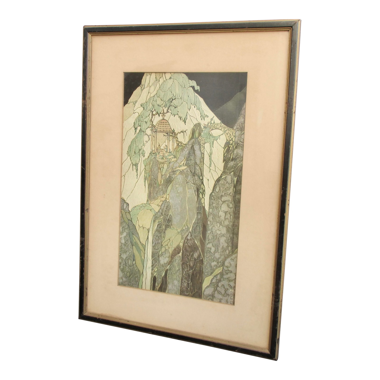Art Deco Art Print by Gaston Pirou: Gaston Priou (1913 - 1982). Noted French illustrator and painter. A small framed print with embossed textures and a slight metallic color print. Matted and framed by John Wanamaker, NYC circa