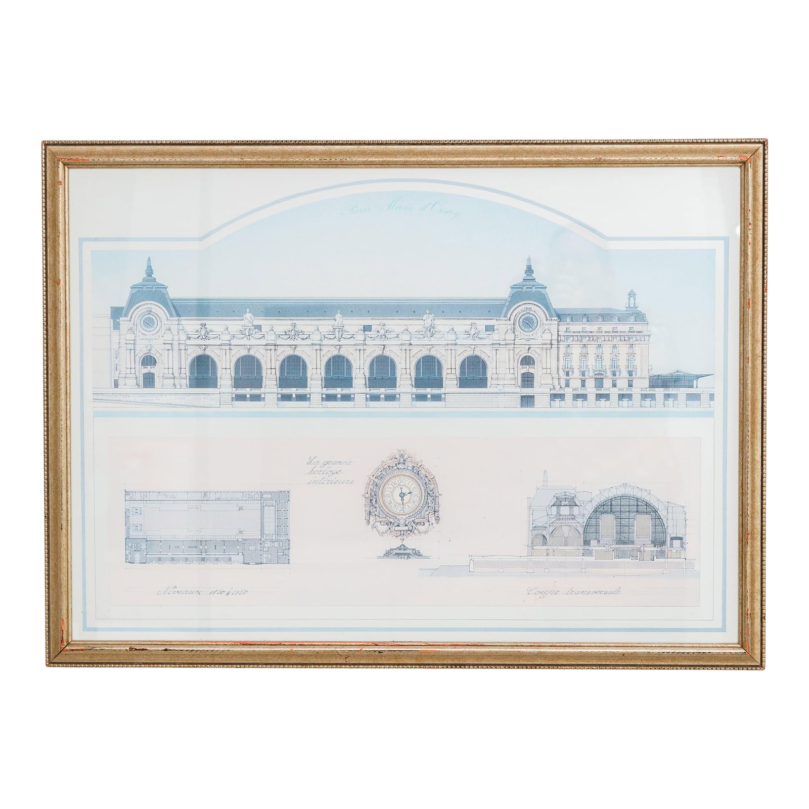 Vintage Framed Architectural Print With Classical Building Elevations: Paris, 1990's Musee D'orsay A refined vintage architectural print depicting classical building elevations and details, professionally framed. The pale blue tones and precise linework offer a calm,