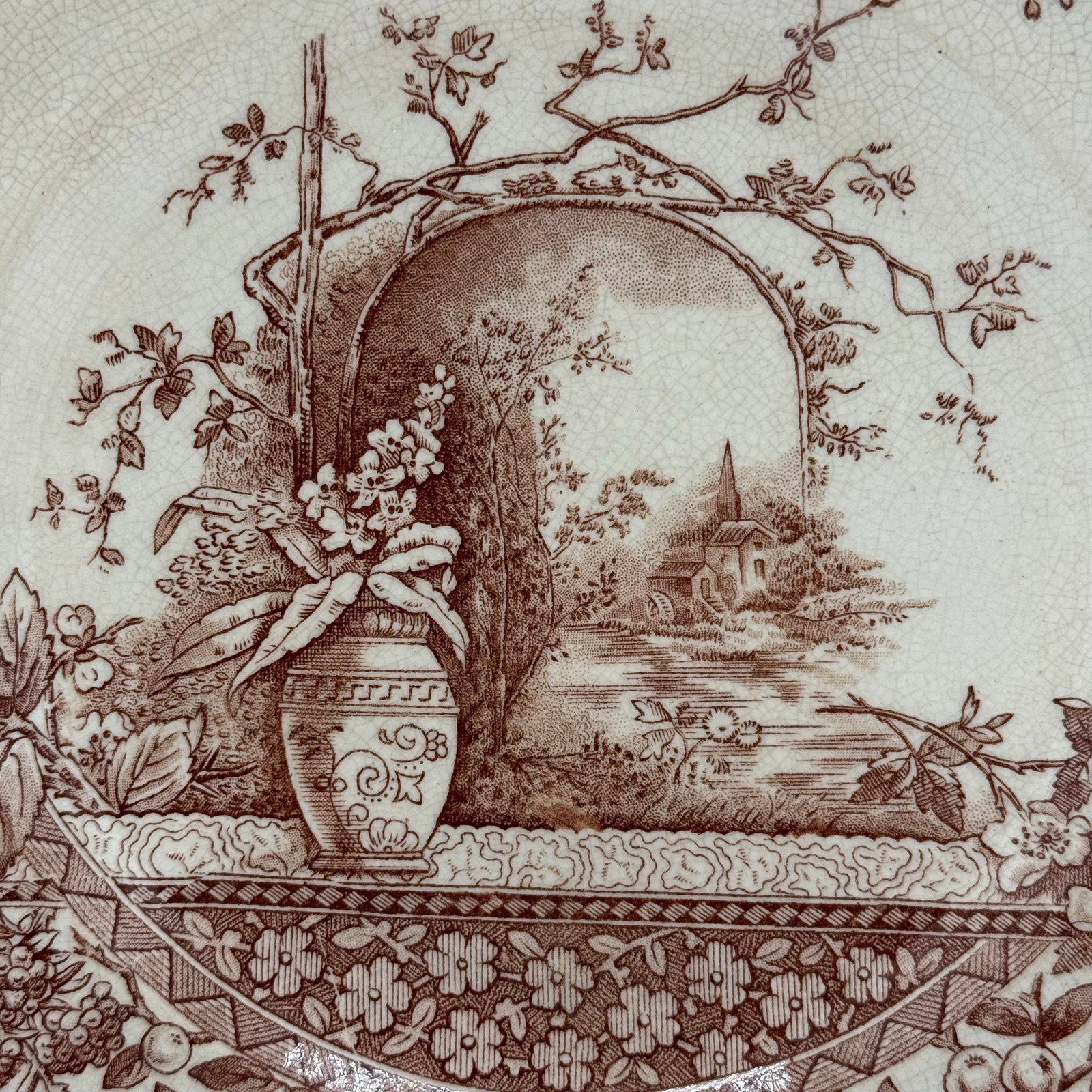 Antique Hill Pottery Rustic Brown Transferware Plate, Staffordshire c.1845–1860 - 2