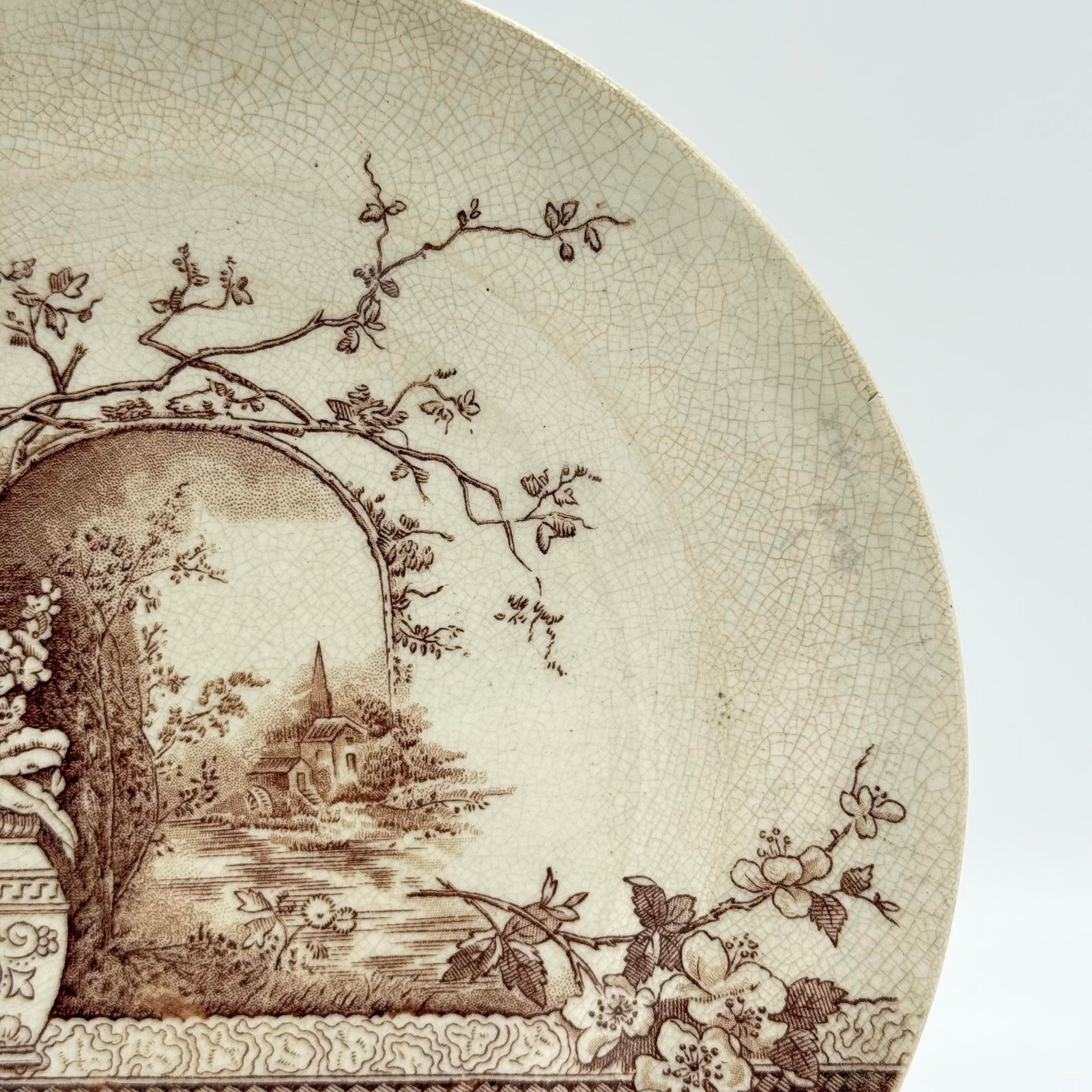 Antique Hill Pottery Rustic Brown Transferware Plate, Staffordshire c.1845–1860 - 3