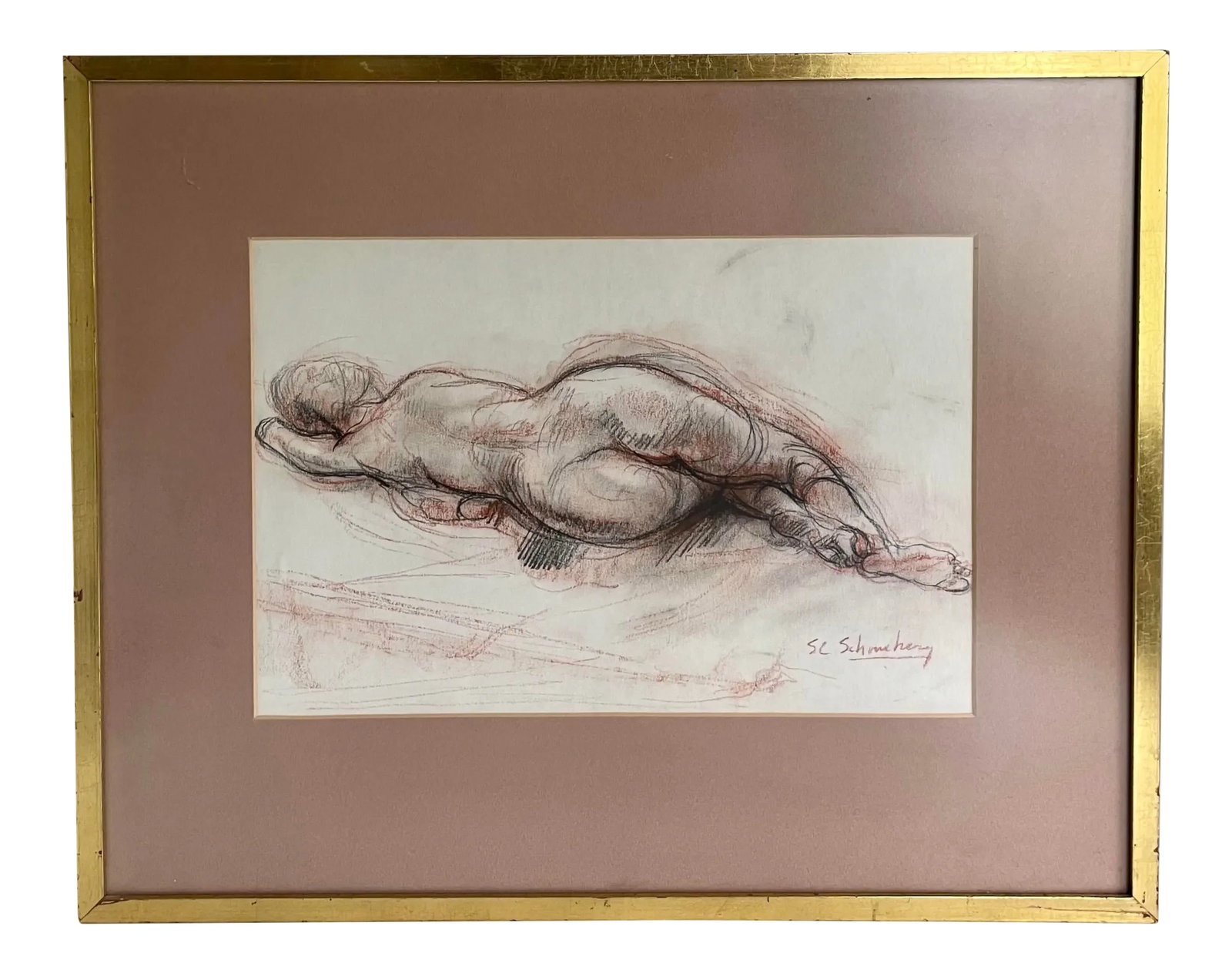 Sheldon C. Schoneberg Signed Original Nude Drawing: Here is a gorgeous art piece by listed artist Sheldon C. Shoneberg, from the 1960's. It is framed in a gilt gold wood frame with a non-reflective glass cover piece. It is signed on the lower right.