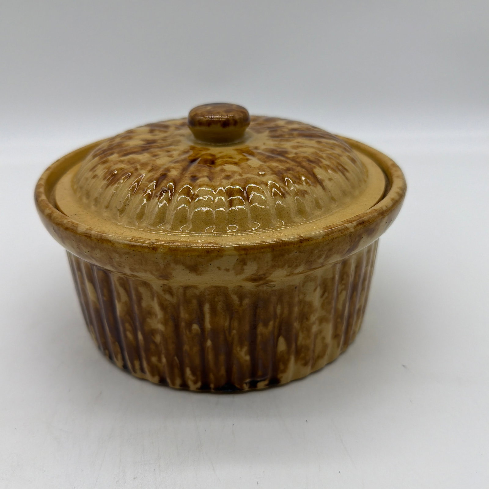 Antique Brown Sponge Decorated Yellow Ware Cake Crock With a Lid, 1880's - 10