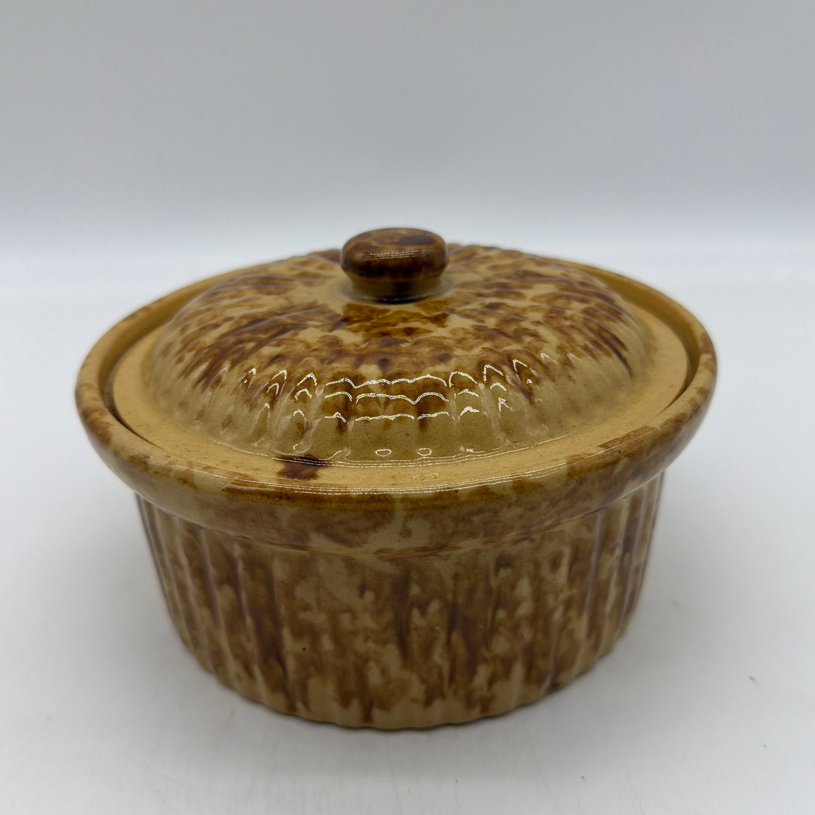 Antique Brown Sponge Decorated Yellow Ware Cake Crock With a Lid, 1880's - 11