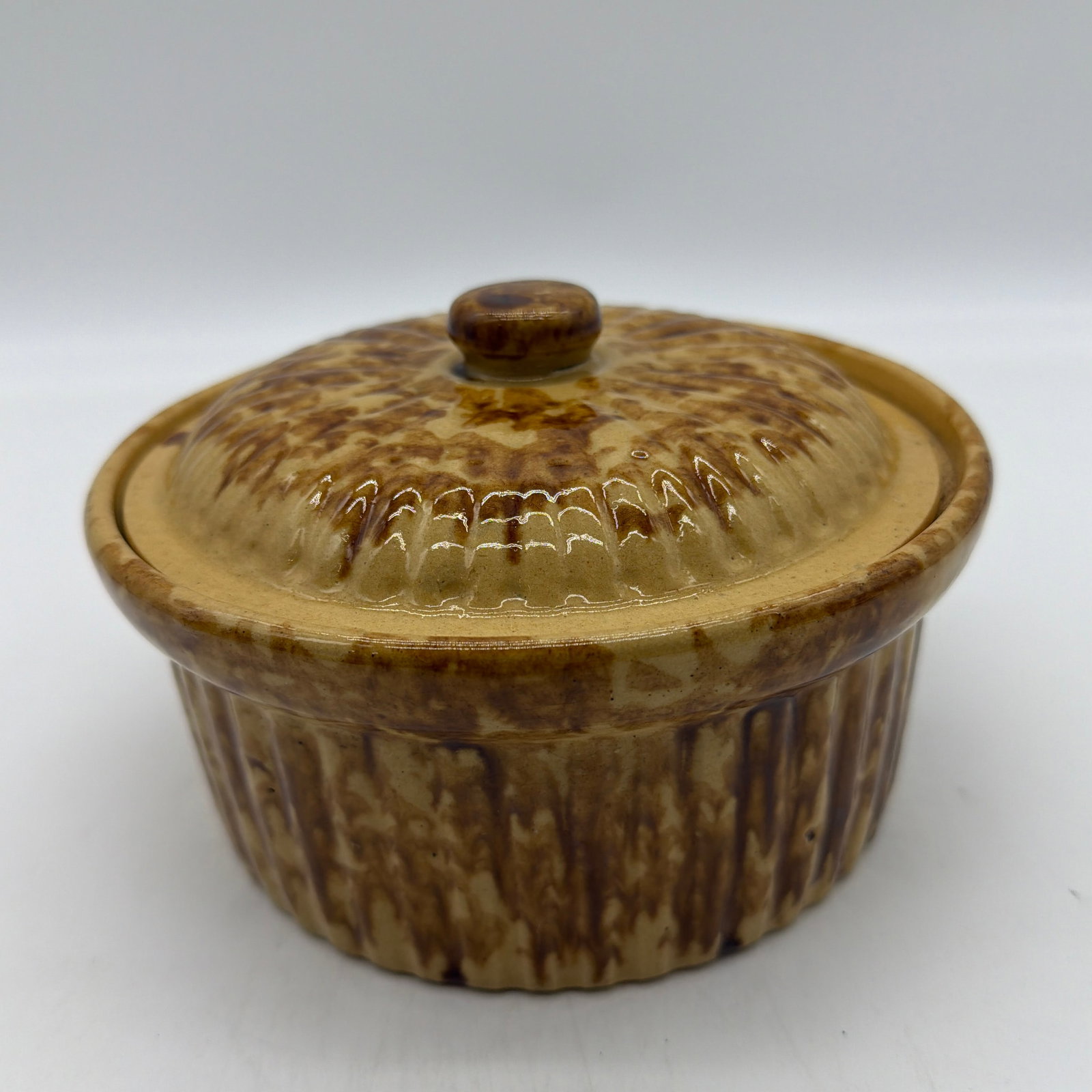 Antique Brown Sponge Decorated Yellow Ware Cake Crock With a Lid, 1880's - 12