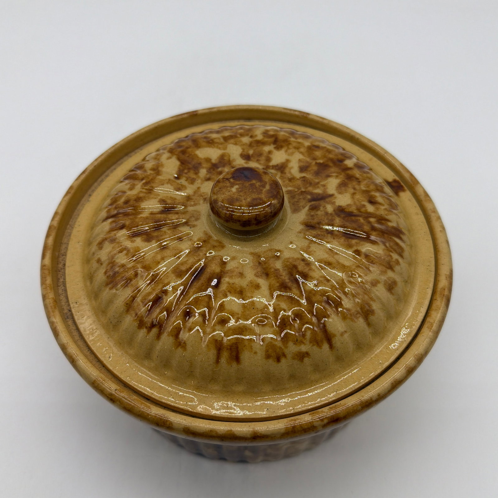 Antique Brown Sponge Decorated Yellow Ware Cake Crock With a Lid, 1880's - 2