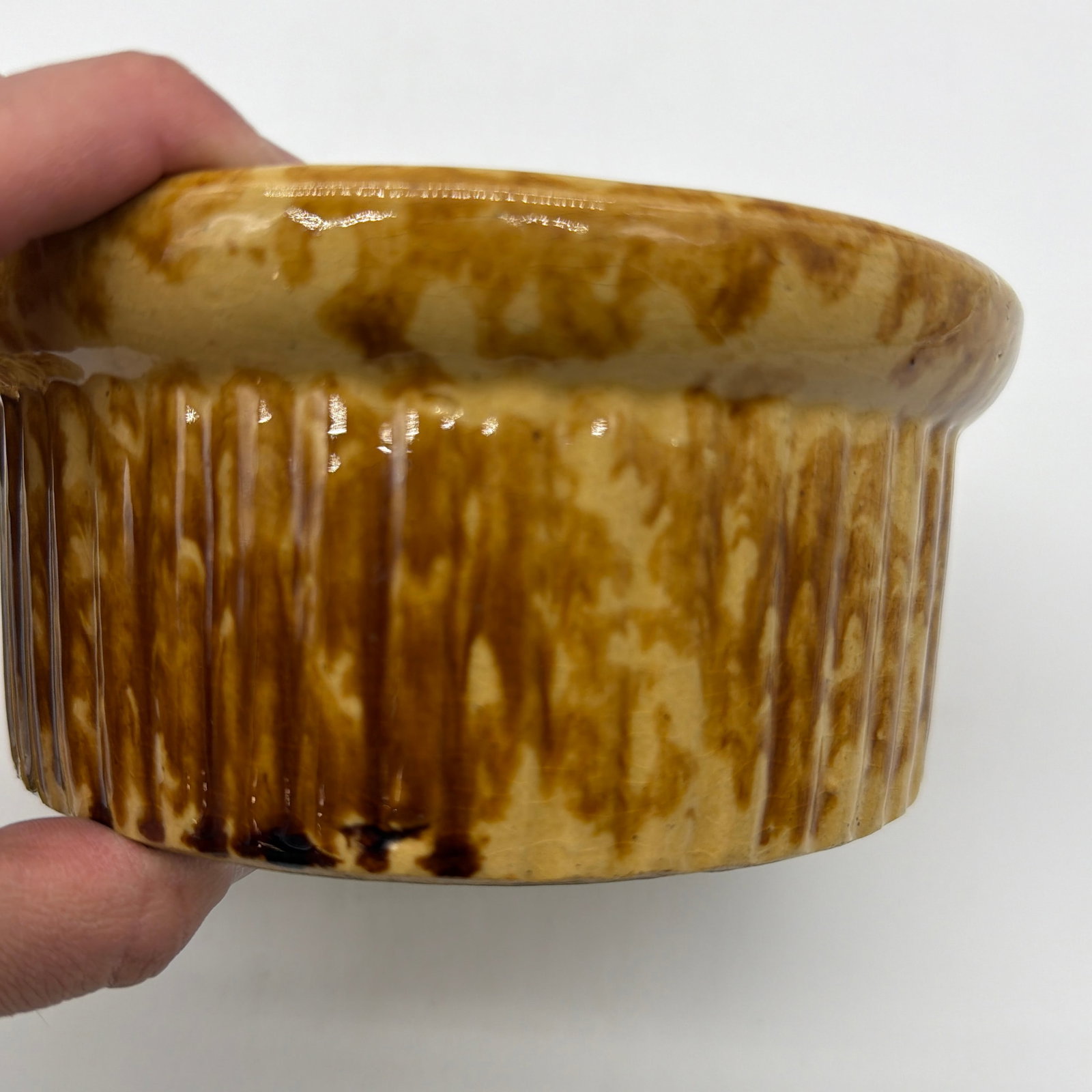 Antique Brown Sponge Decorated Yellow Ware Cake Crock With a Lid, 1880's - 5