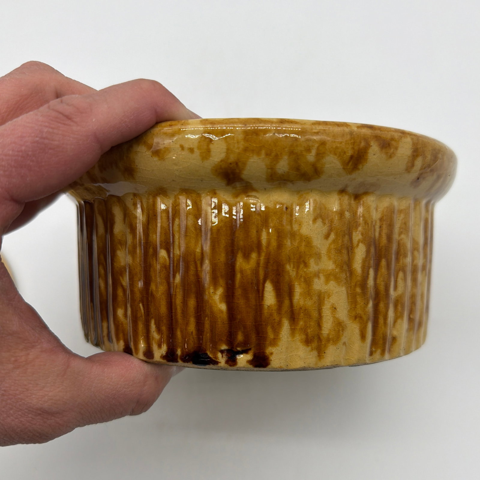Antique Brown Sponge Decorated Yellow Ware Cake Crock With a Lid, 1880's - 6