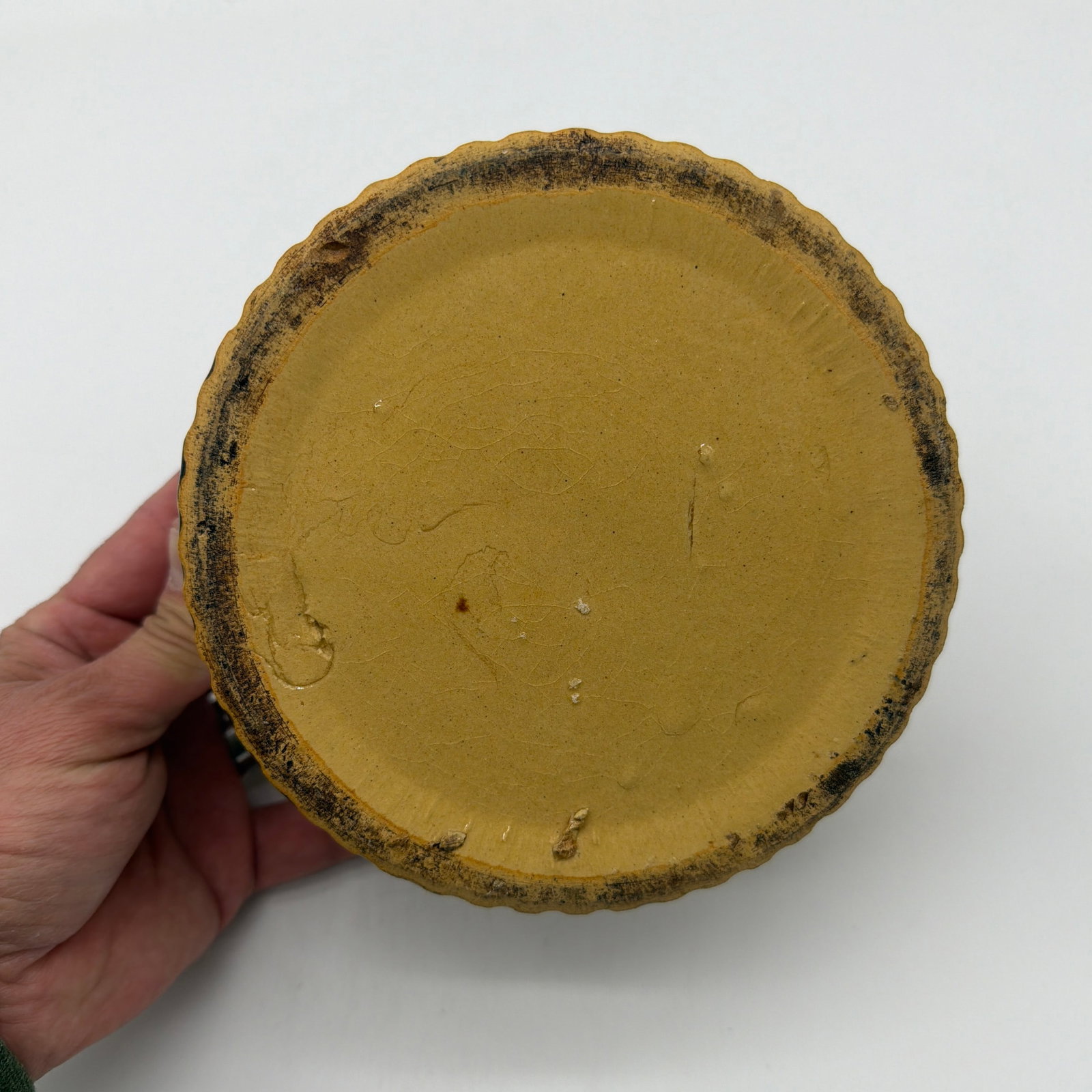 Antique Brown Sponge Decorated Yellow Ware Cake Crock With a Lid, 1880's - 7
